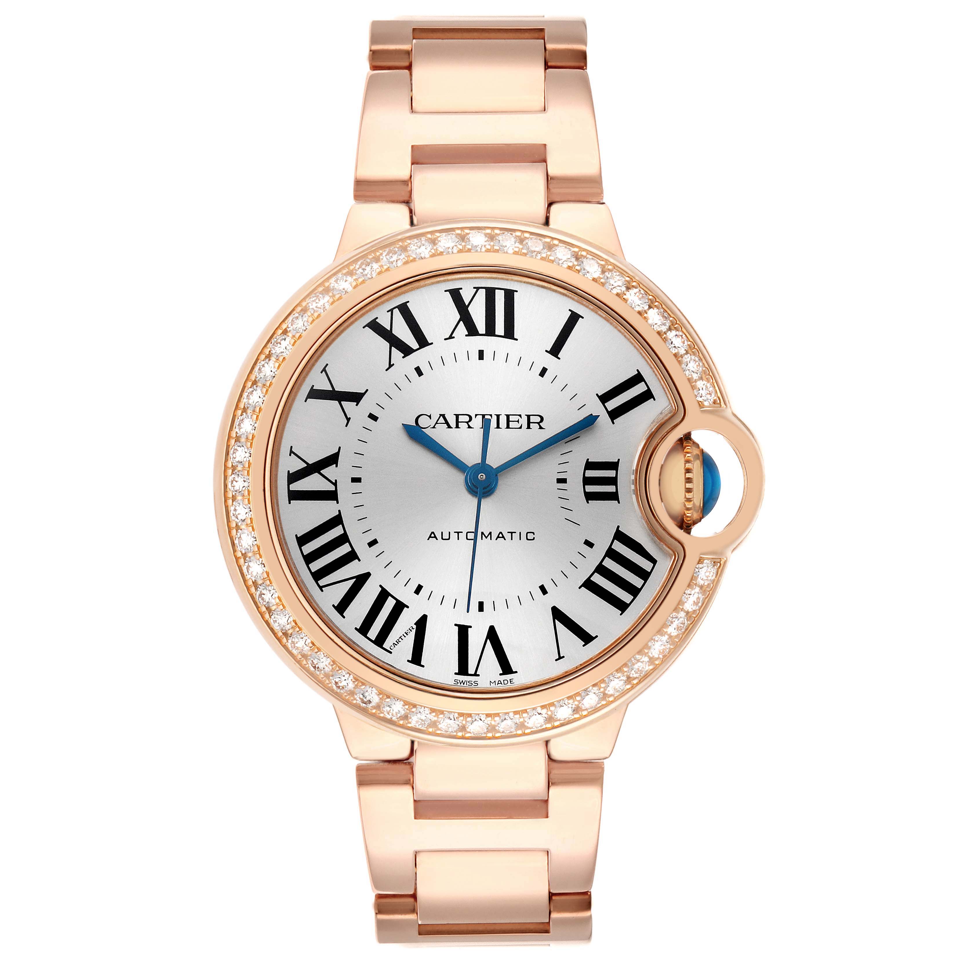 The Cartier Ballon Bleu WJBB0036 Women's Rose Gold Silver Dial watch is shown from a top-down angle, displaying the dial, bezel, and bracelet.