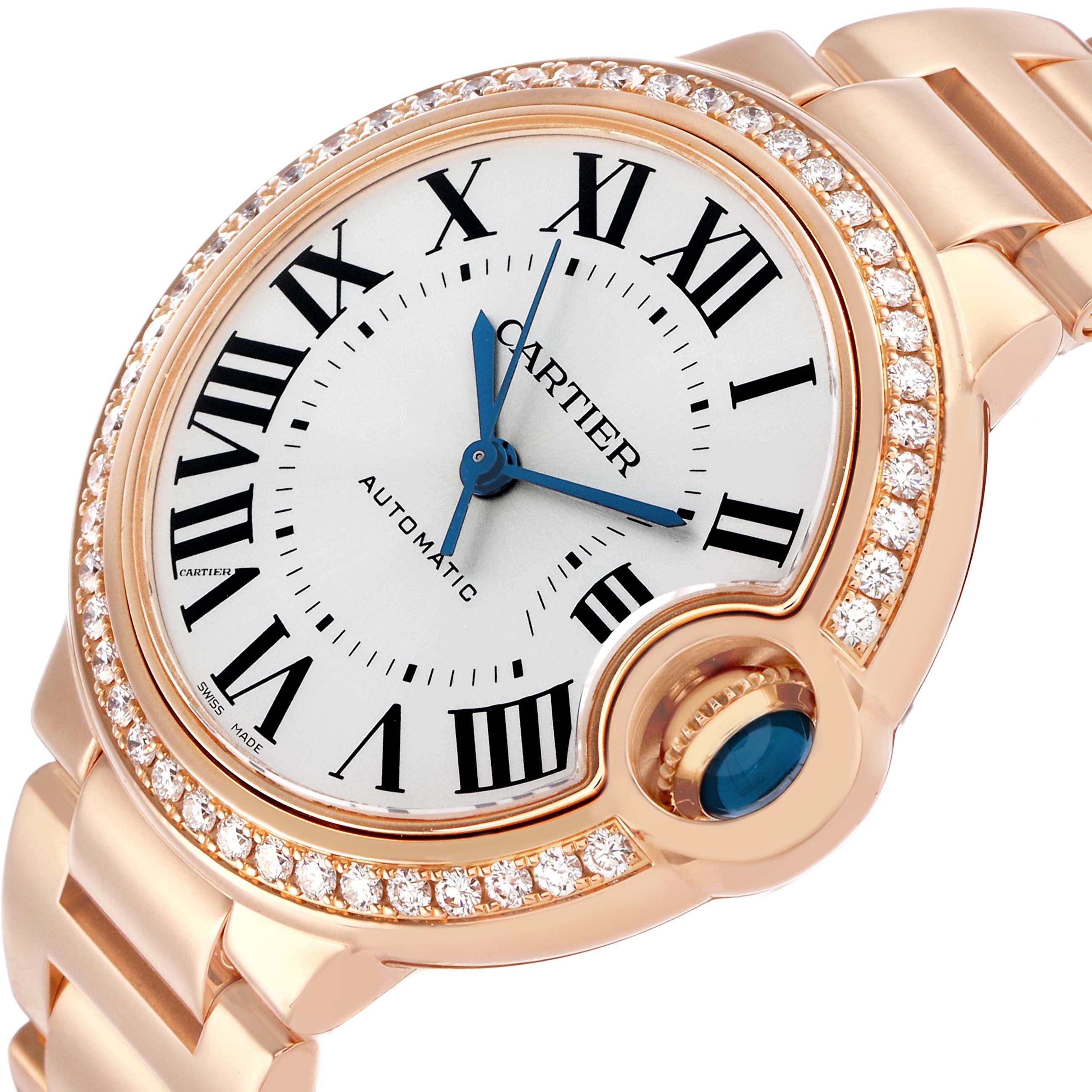 The Cartier Ballon Bleu WJBB0036 Women's Rose Gold Silver Dial watch is shown at a tilted angle, highlighting its round case, diamond bezel, and Roman numeral dial.
