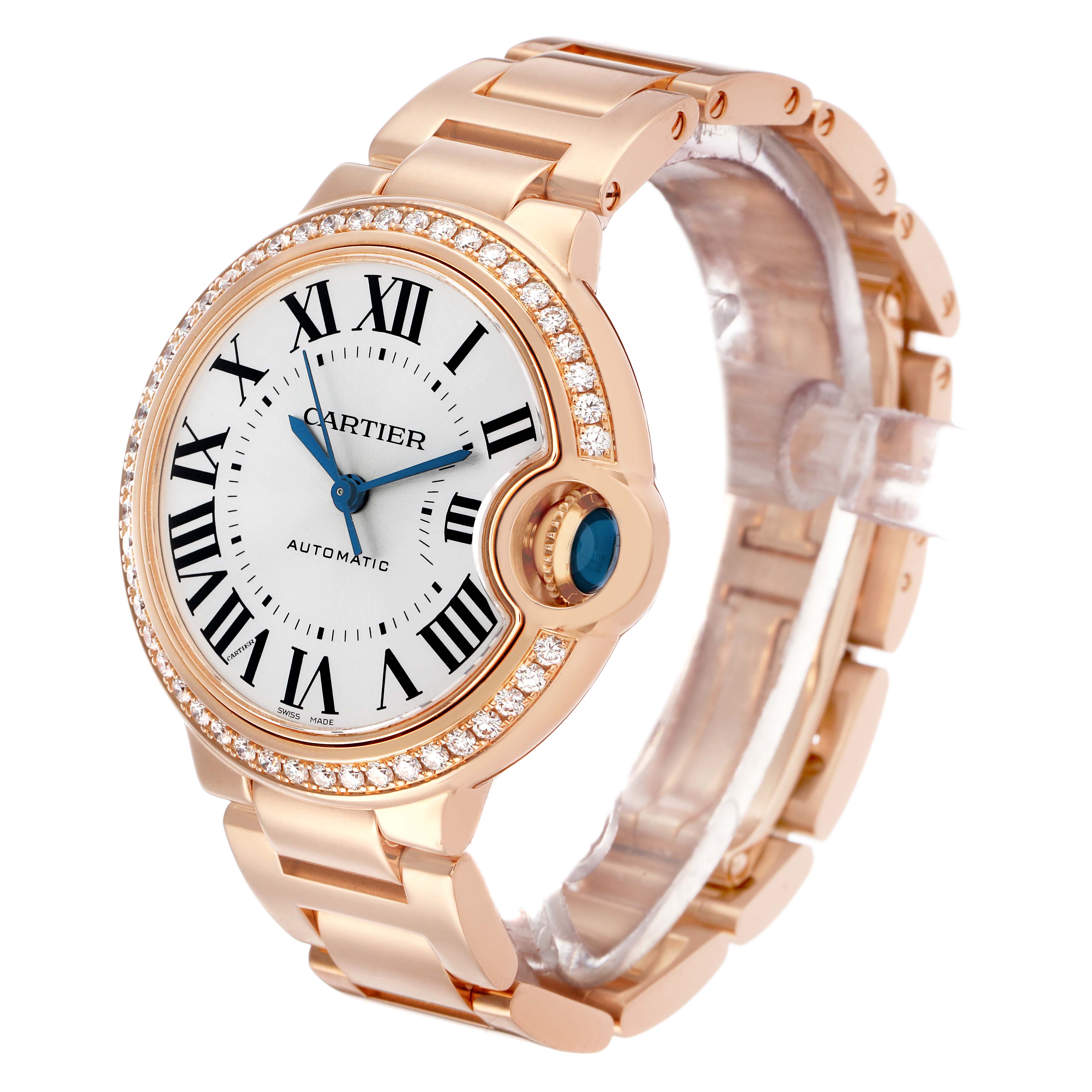 The Cartier Ballon Bleu WJBB0036 Women's Rose Gold Silver Dial watch is shown at an angled side view, displaying the face, bracelet, and diamond-set bezel.
