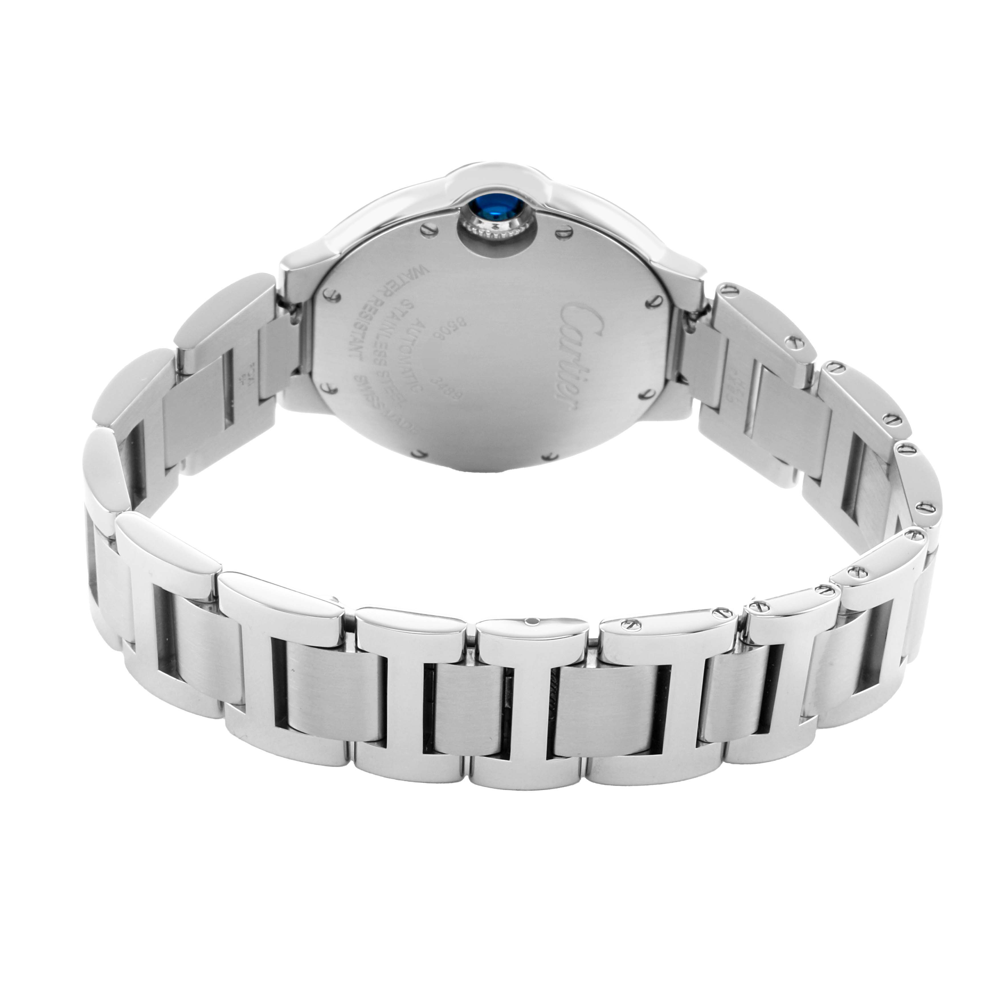 The image shows the back of a Cartier Ballon Bleu W4BB0016 Women's Stainless Steel Silver Dial watch, highlighting the stainless steel bracelet and case back.