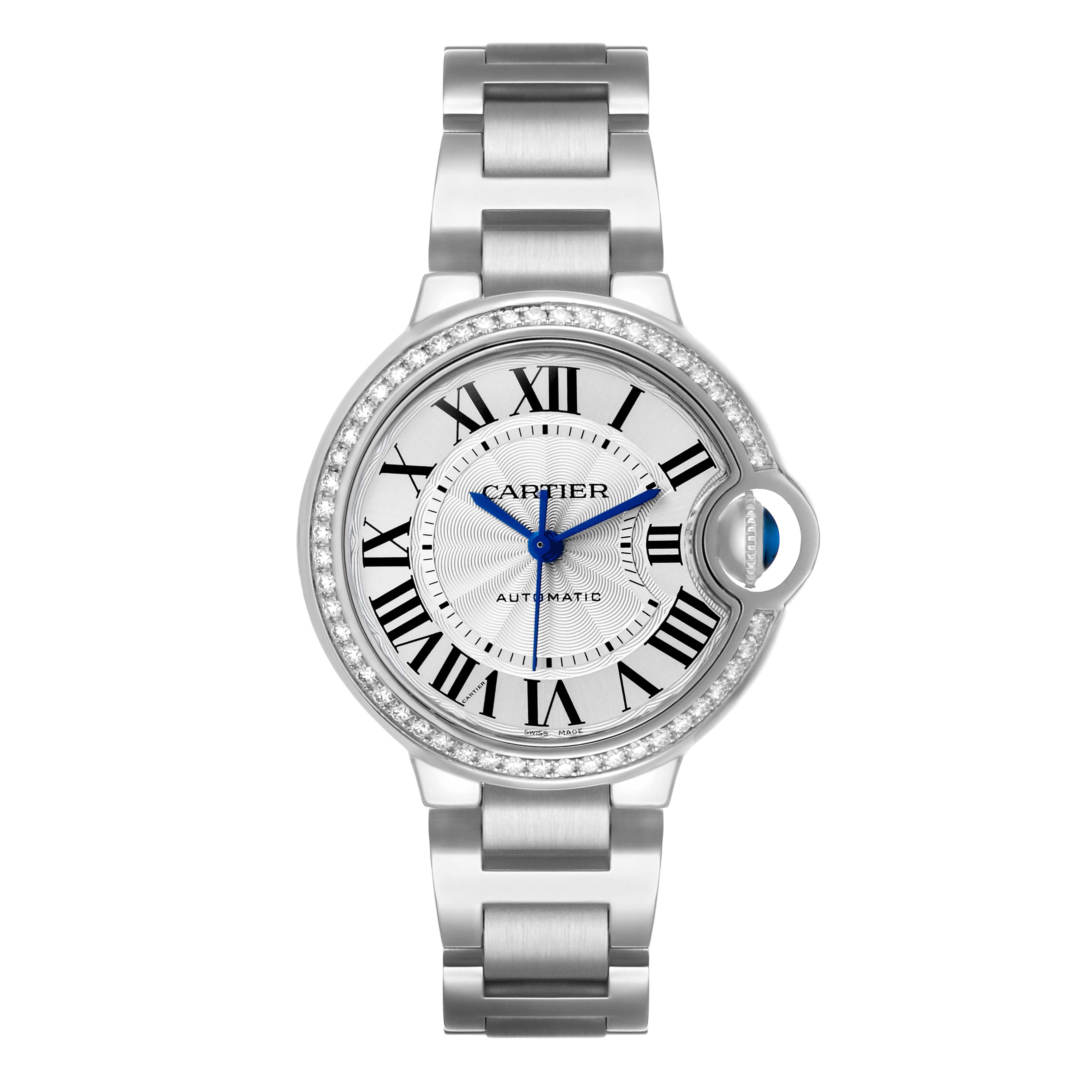 The Cartier Ballon Bleu W4BB0016 Women's Stainless Steel Silver Dial watch is shown from a top-down angle, highlighting its face, bracelet, and blue cabochon crown.