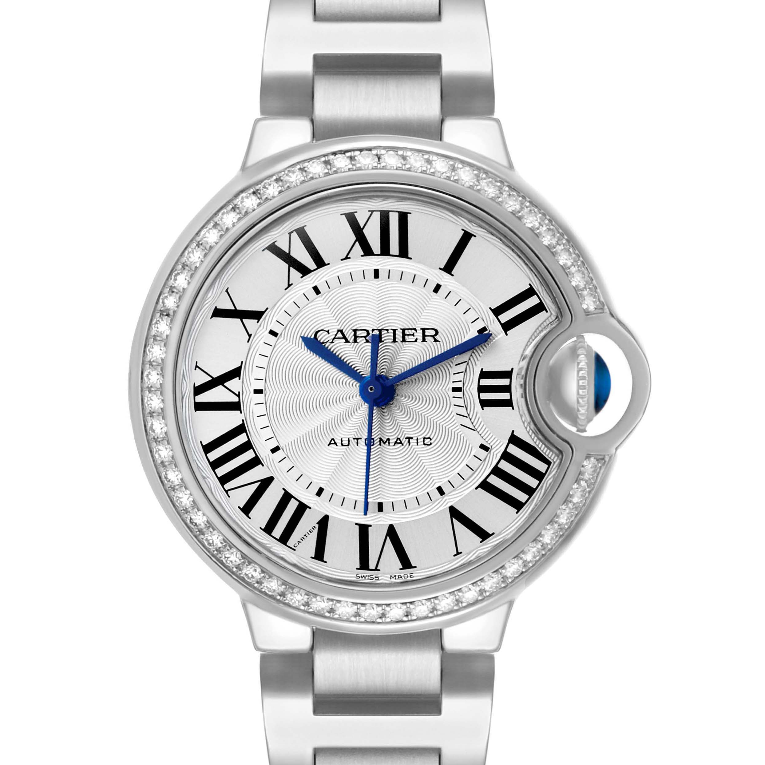 The image shows a frontal view of the Cartier Ballon Bleu W4BB0016 Women's Stainless Steel Silver Dial watch, highlighting its dial, Roman numerals, and steel bracelet.