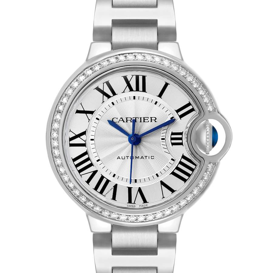 The image shows a frontal view of the Cartier Ballon Bleu W4BB0016 Women's Stainless Steel Silver Dial watch, highlighting its dial, Roman numerals, and steel bracelet.