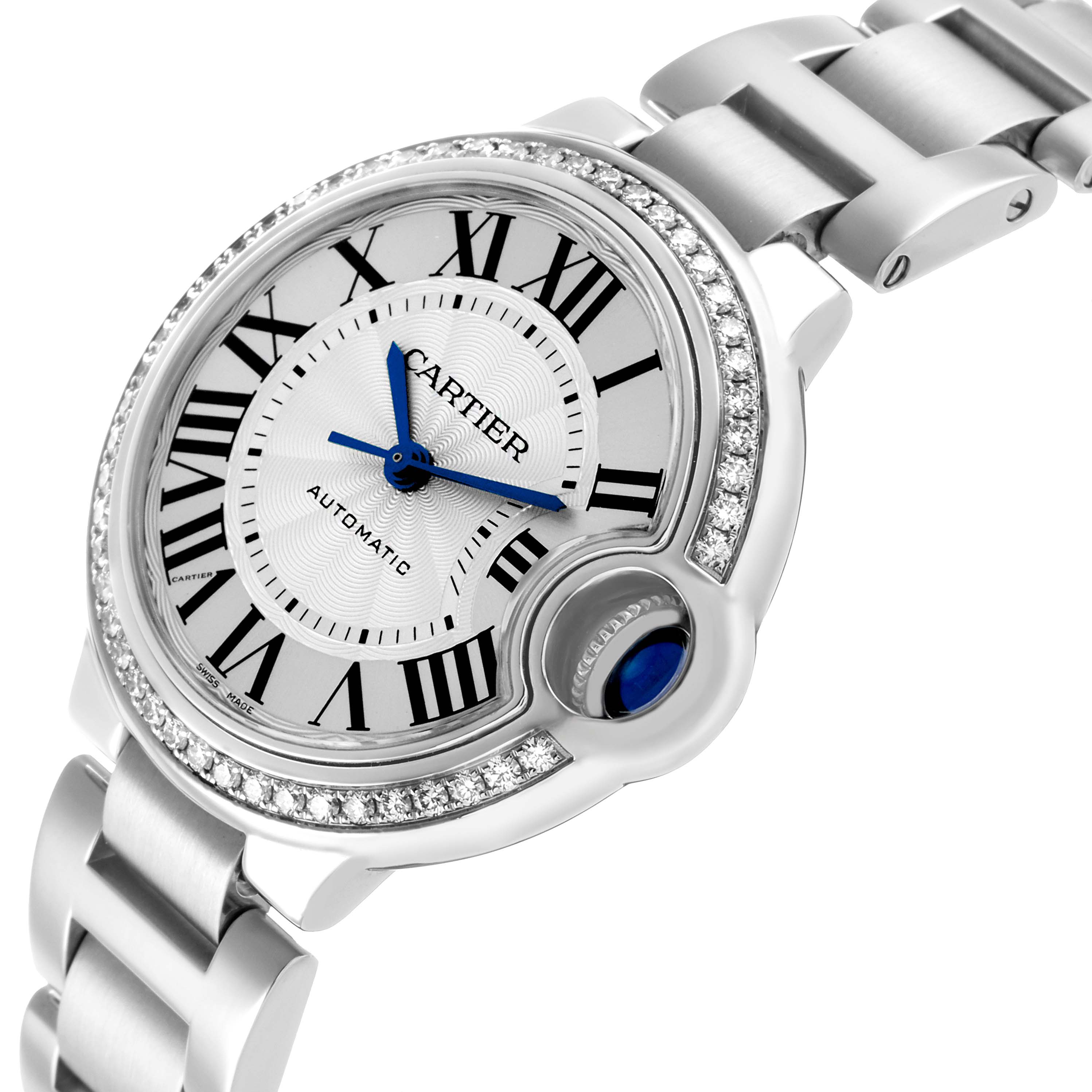 The Cartier Ballon Bleu W4BB0016 Women's Stainless Steel Silver Dial watch is shown at an angled view, featuring the face, Roman numerals, blue hands, and visible crown.