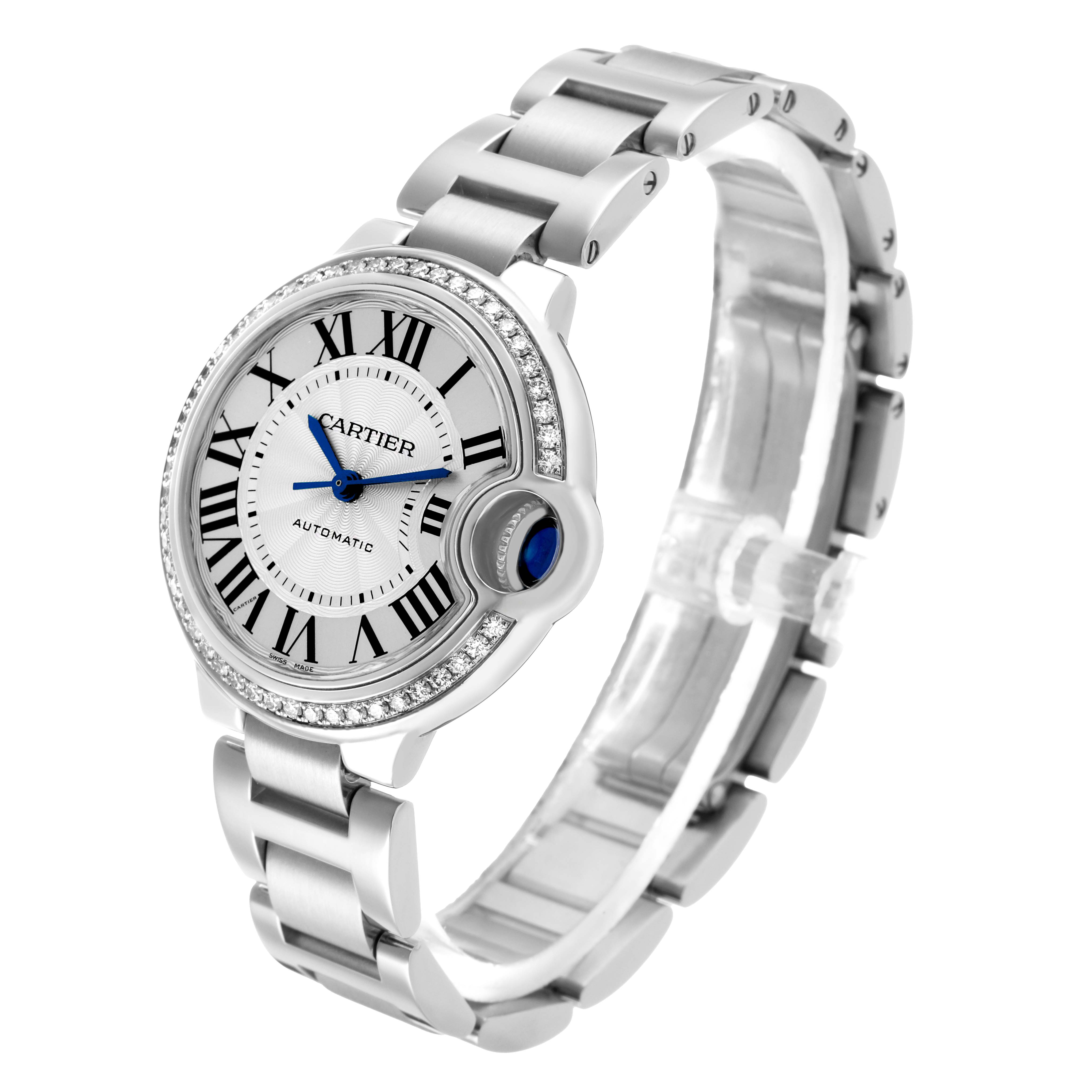 The Cartier Ballon Bleu W4BB0016 Women's Stainless Steel Silver Dial watch is shown from a three-quarter angle, highlighting its face, Roman numerals, and metal bracelet.