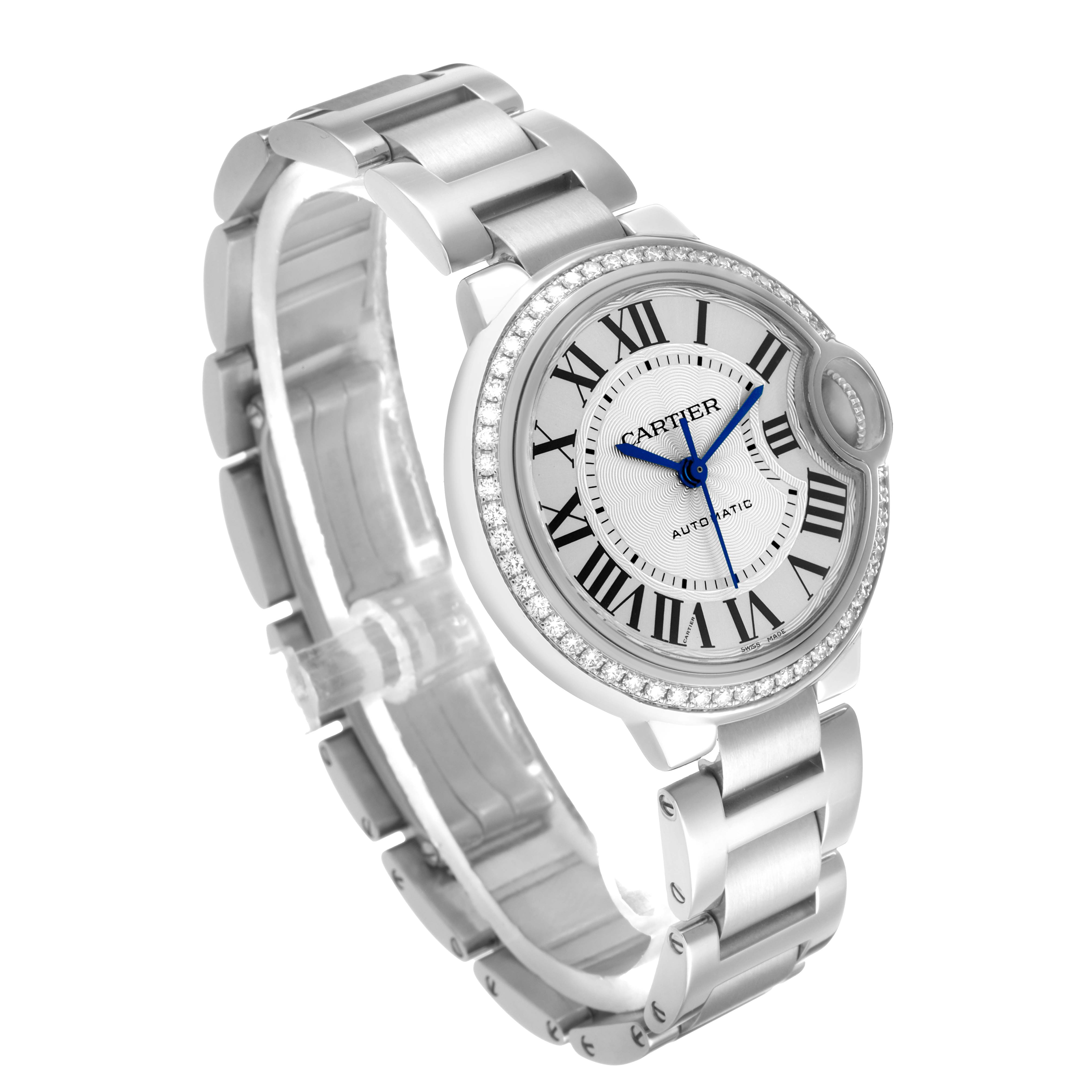 The Cartier Ballon Bleu W4BB0016 Women's Stainless Steel Silver Dial watch is shown at a slight angle, highlighting its dial, crown, and metal bracelet.