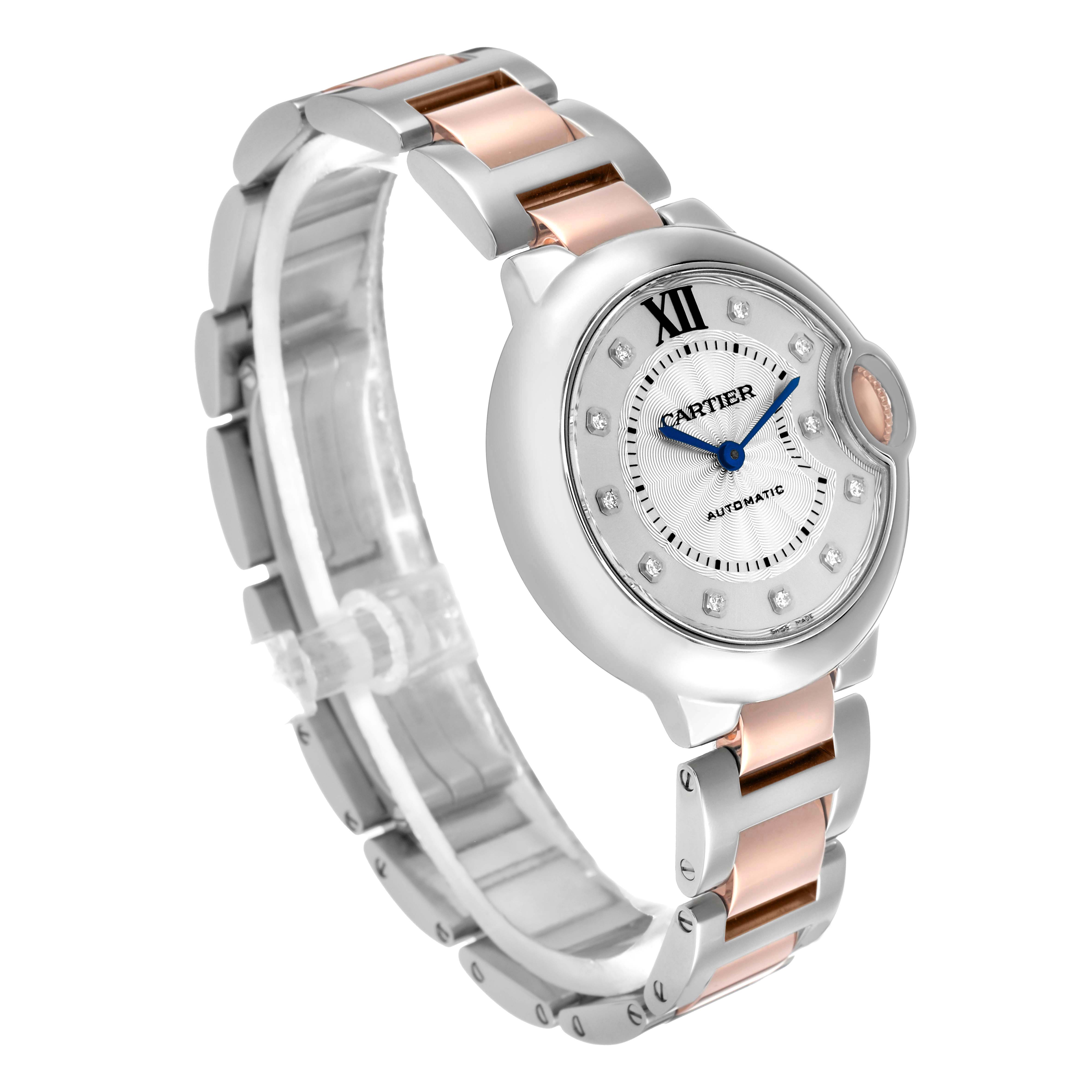 The Cartier Ballon Bleu WE902044 Women's Stainless Steel Silver Dial watch is shown at a side angle, displaying the face, bezel, bracelet, and crown.