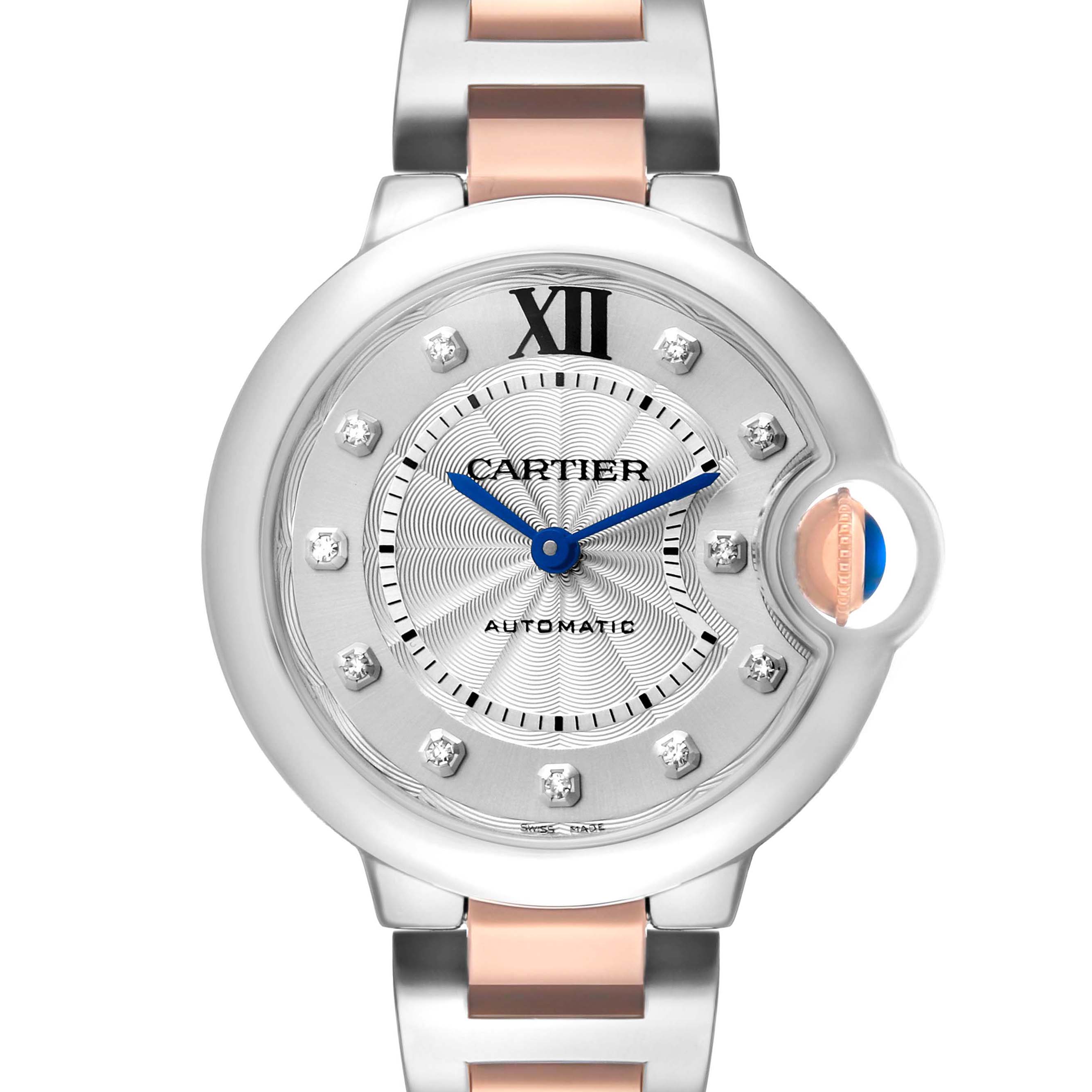 The Cartier Ballon Bleu WE902044 Women's Stainless Steel Silver Dial watch is shown from the front, highlighting its dial, hands, crown, and bracelet.