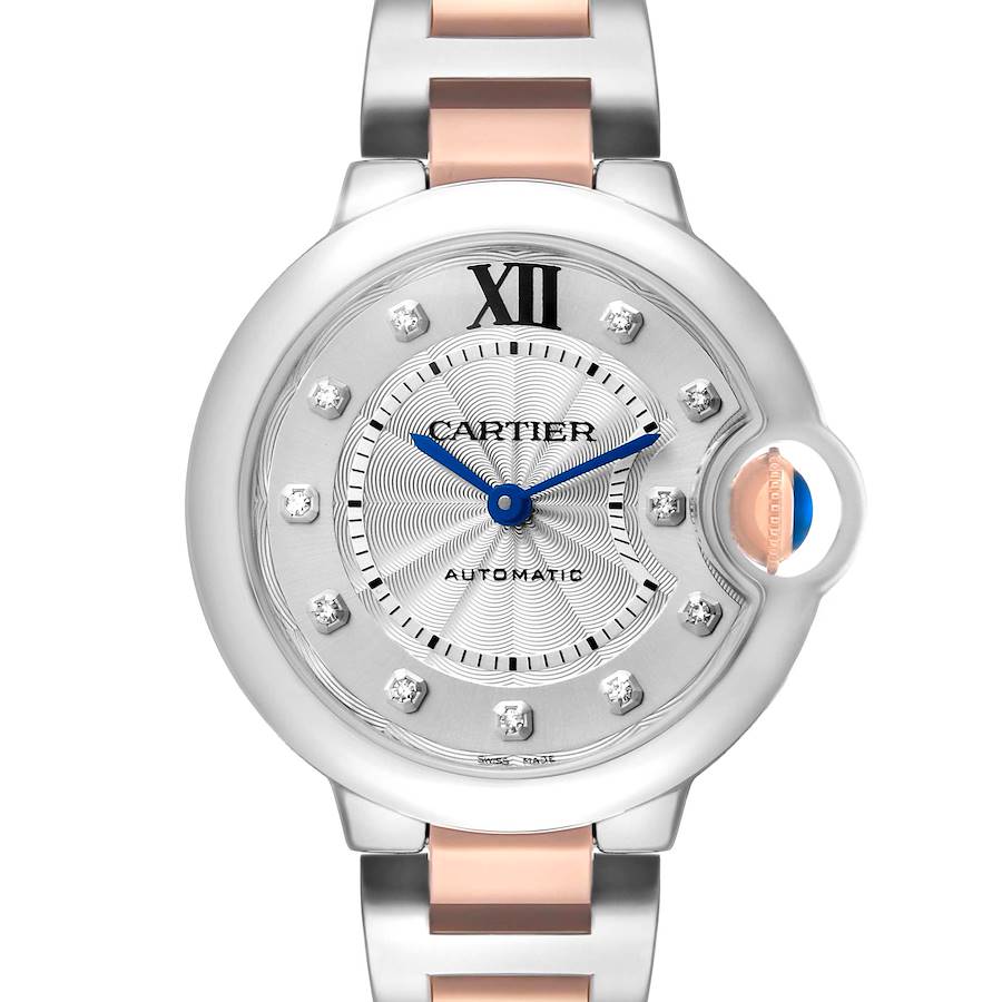 The Cartier Ballon Bleu WE902044 Women's Stainless Steel Silver Dial watch is shown from the front, highlighting its dial, hands, crown, and bracelet.