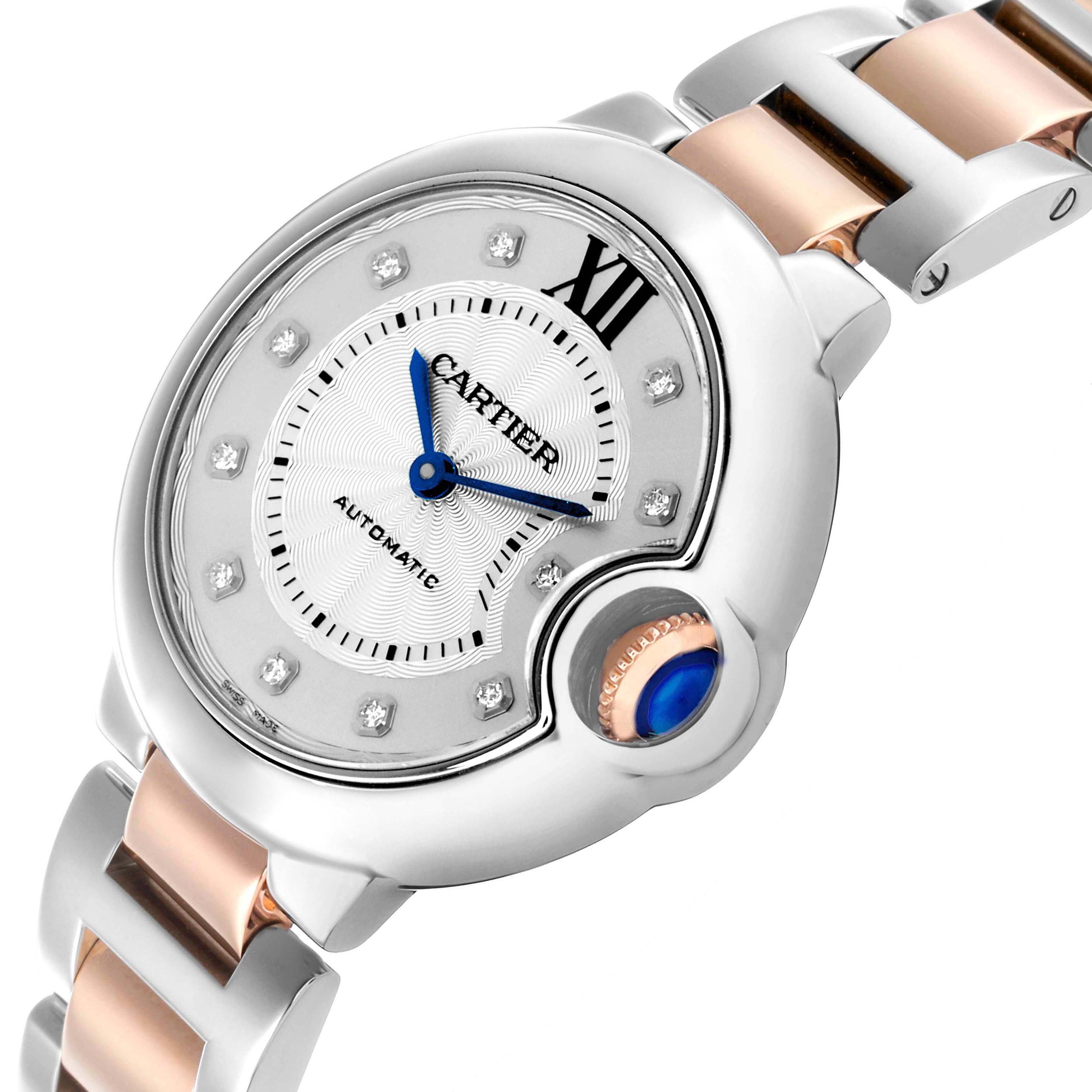 The Cartier Ballon Bleu WE902044 Women
s Stainless Steel Silver Dial watch is shown at a slight angle, highlighting its face, crown, and part of the bracelet.