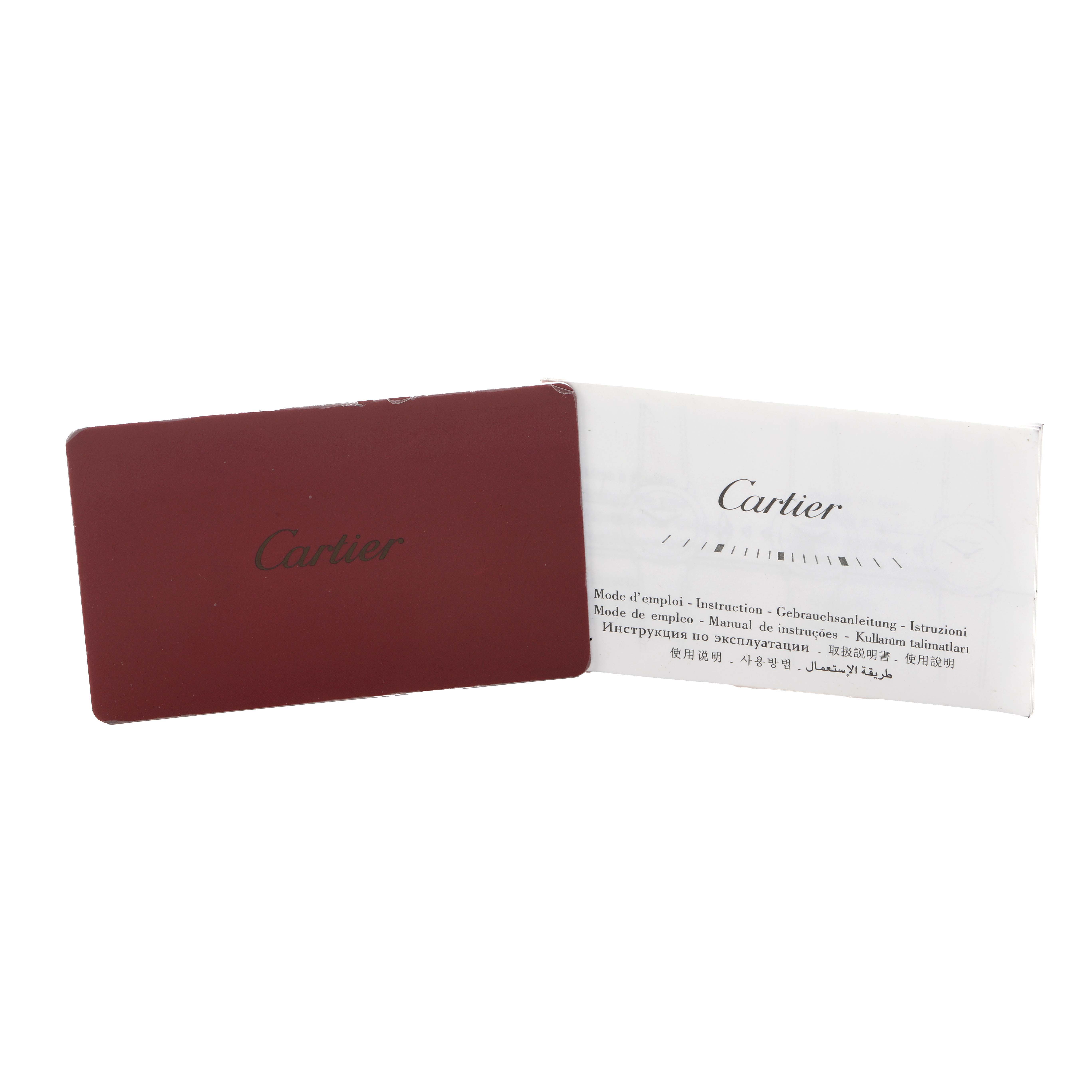 The image shows the warranty card and instruction booklet for the Cartier Ballon Bleu WE902044 Women's Stainless Steel Silver Dial watch.