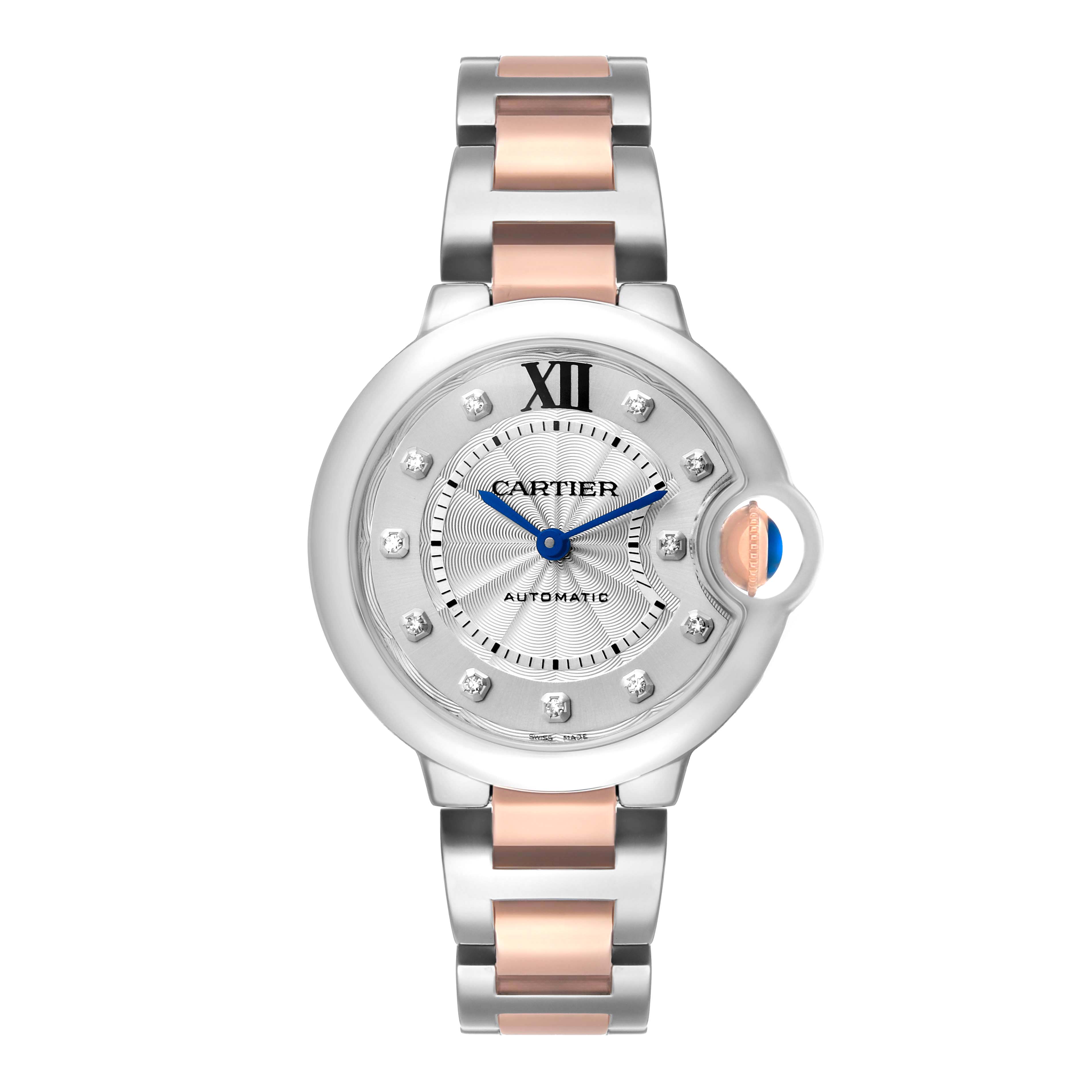The Cartier Ballon Bleu WE902044 Women's Stainless Steel Silver Dial watch is shown from a top-down angle, highlighting its dial and two-tone bracelet.