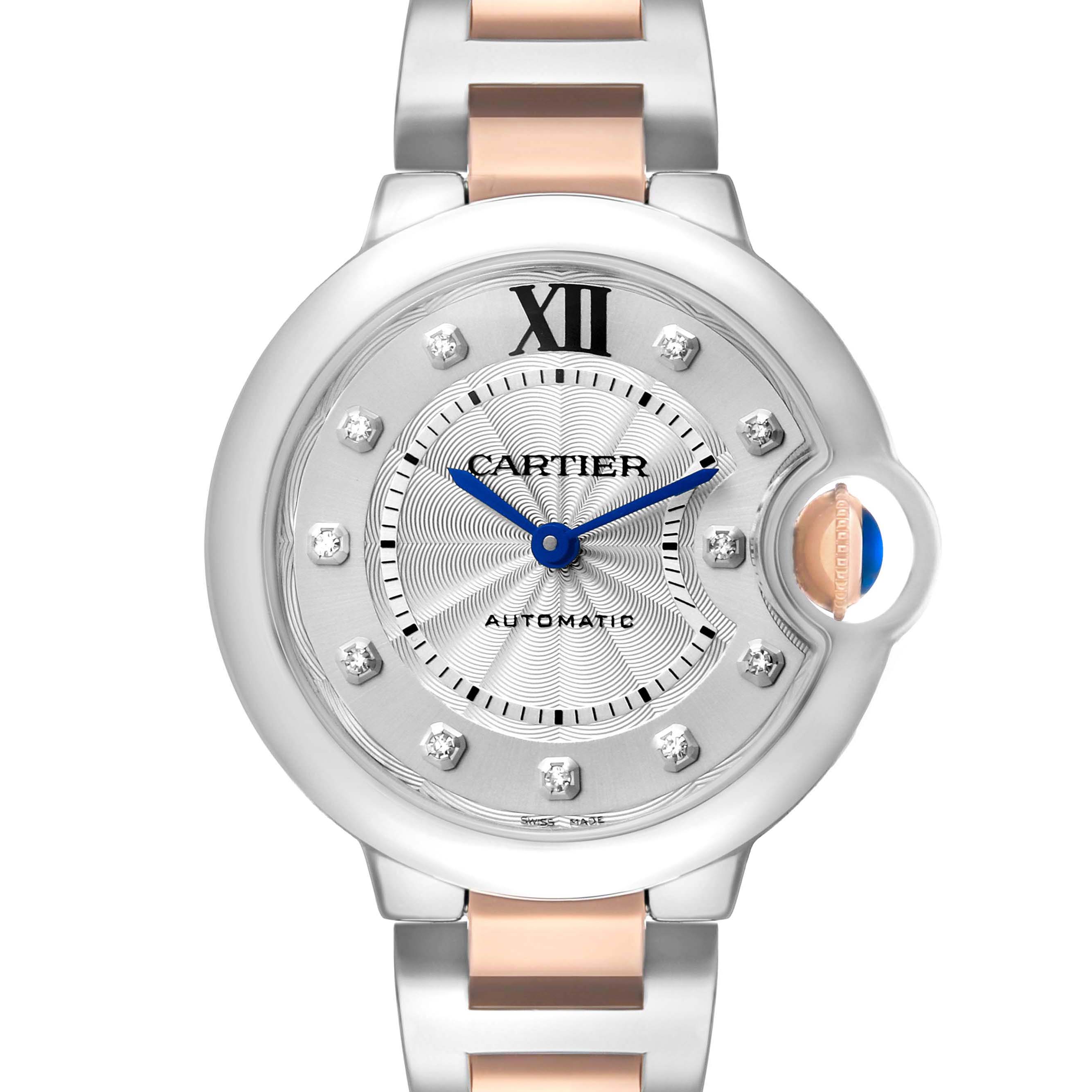 The Cartier Ballon Bleu WE902044 Women
s Stainless Steel Silver Dial watch is shown from a front view, highlighting the face, hands, and part of the bracelet.