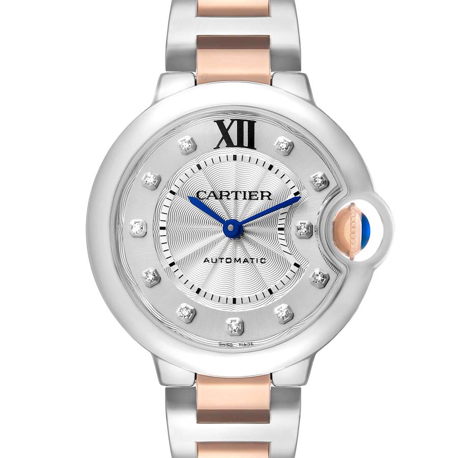 The Cartier Ballon Bleu WE902044 Women
s Stainless Steel Silver Dial watch is shown from a front view, highlighting the face, hands, and part of the bracelet.