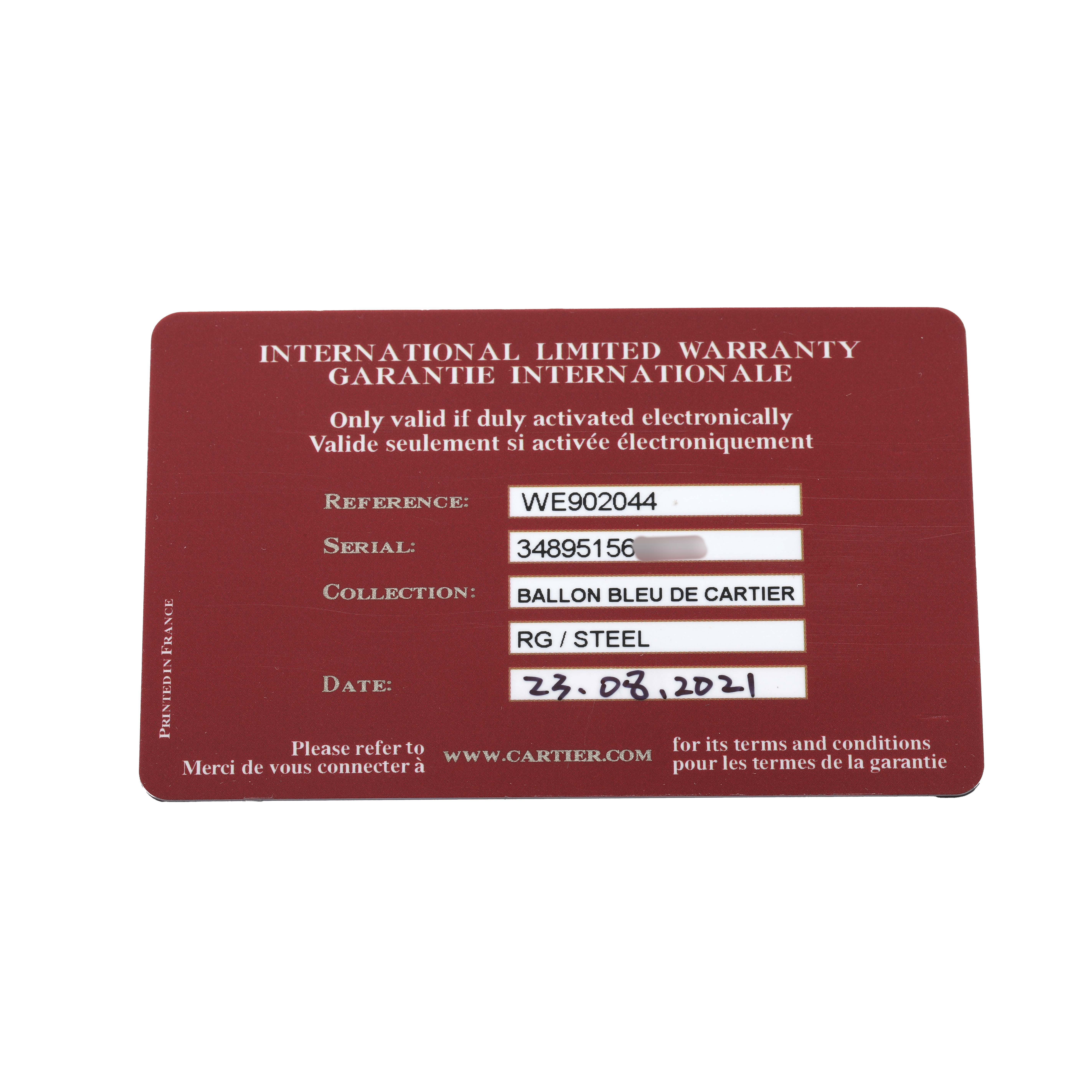 The image shows the international warranty card for the Cartier Ballon Bleu WE902044 Women's Stainless Steel Silver Dial model.