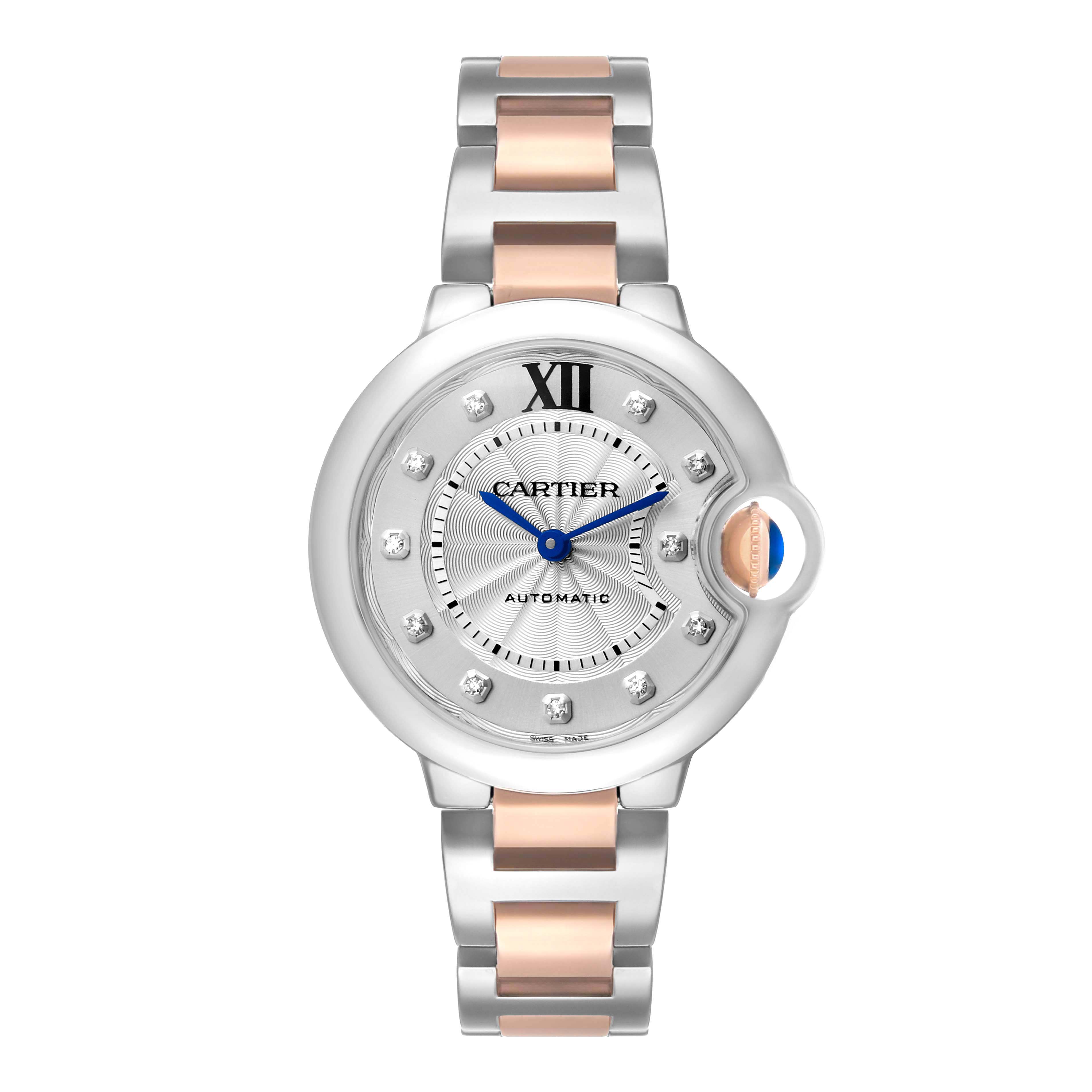 The Cartier Ballon Bleu WE902044 Women
s Stainless Steel Silver Dial watch is shown from the front, highlighting its dial, crown, and bracelet details.