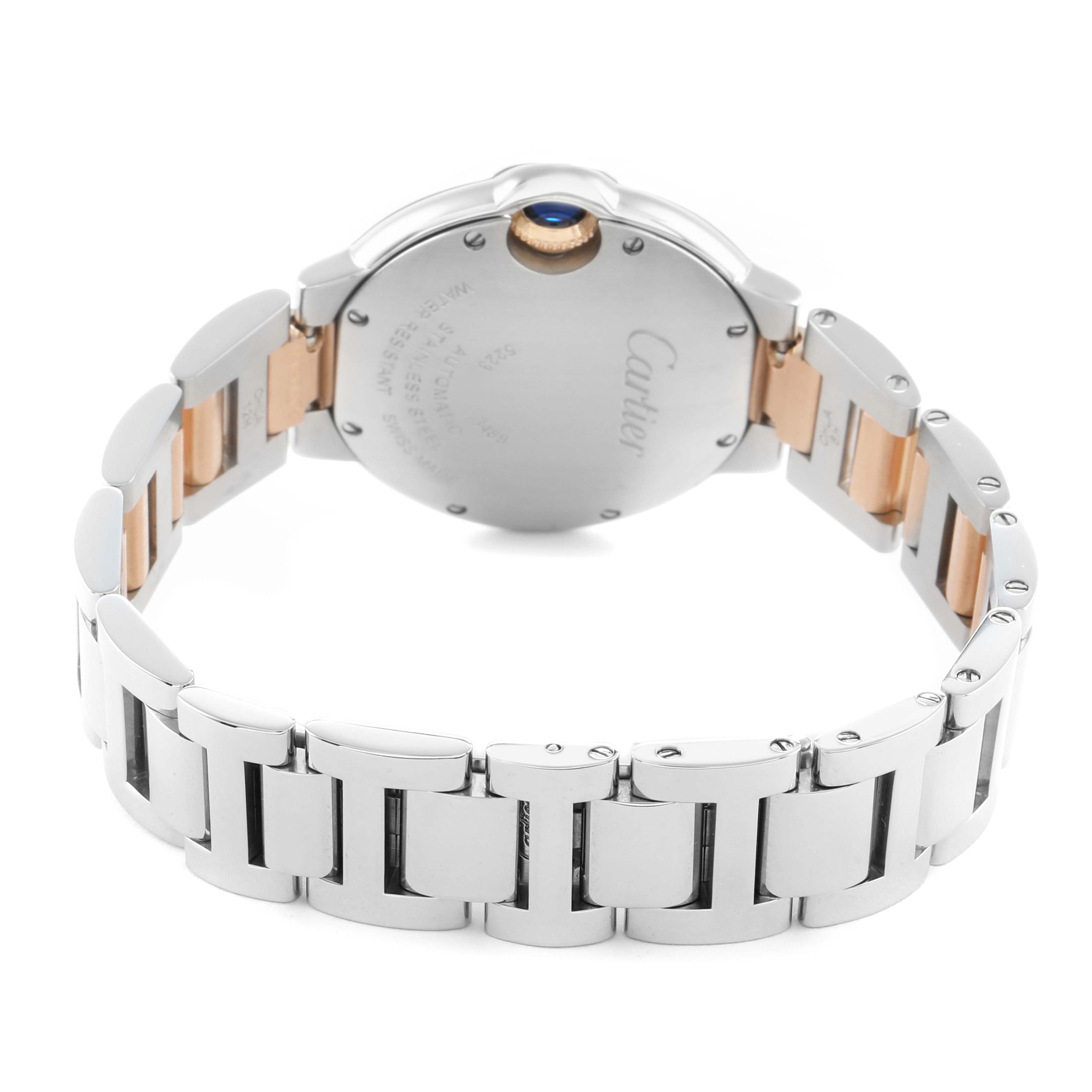 The image shows the back view of the Cartier Ballon Bleu W6920070 Women's Steel and Gold (two tone) Mother of Pearl Dial watch, highlighting the clasp and metal bracelet links.