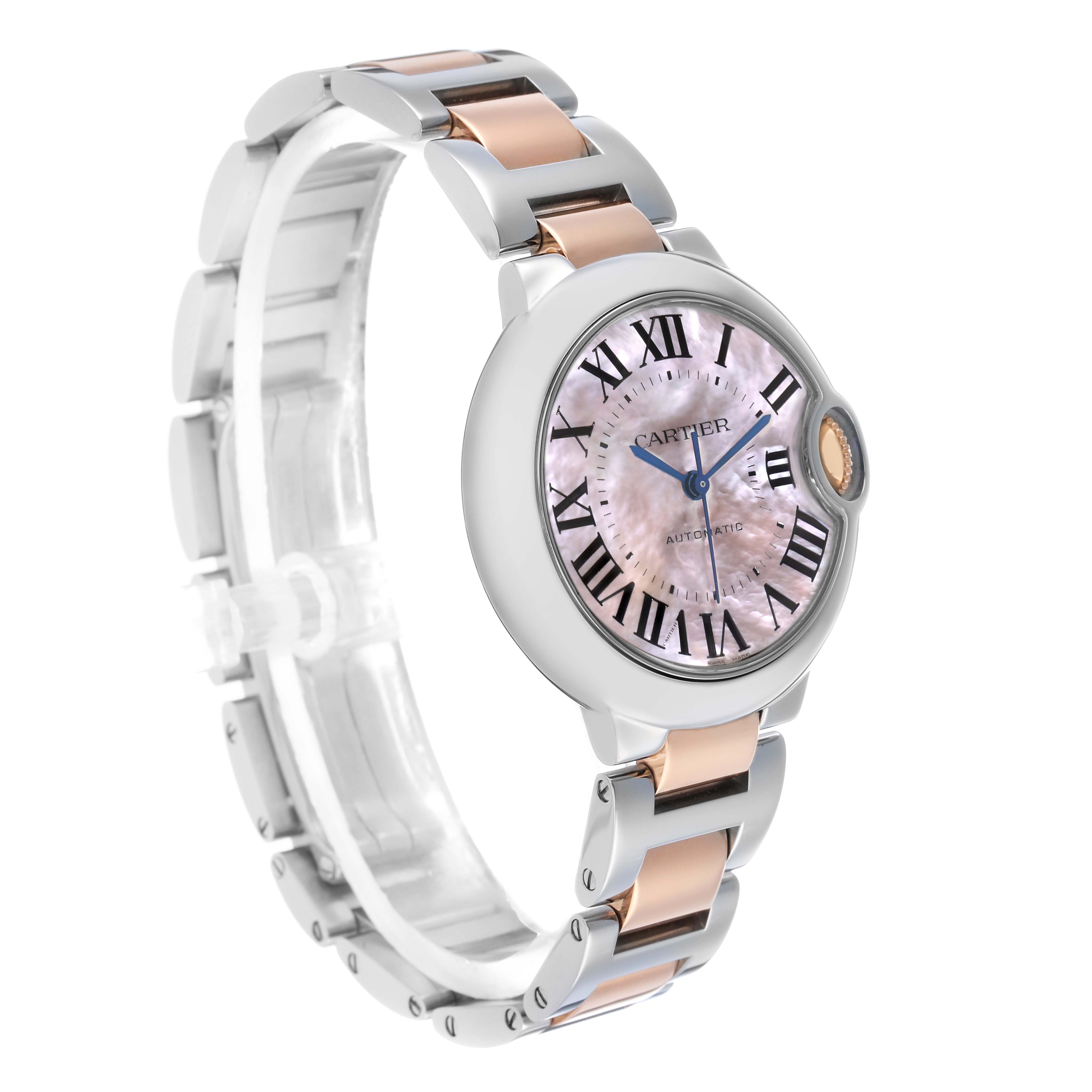 The Cartier Ballon Bleu W6920070 Women's Steel and Gold (two tone) Mother of Pearl Dial watch is shown at a side angle, displaying its face, Roman numerals, and metal bracelet with rose gold accents.