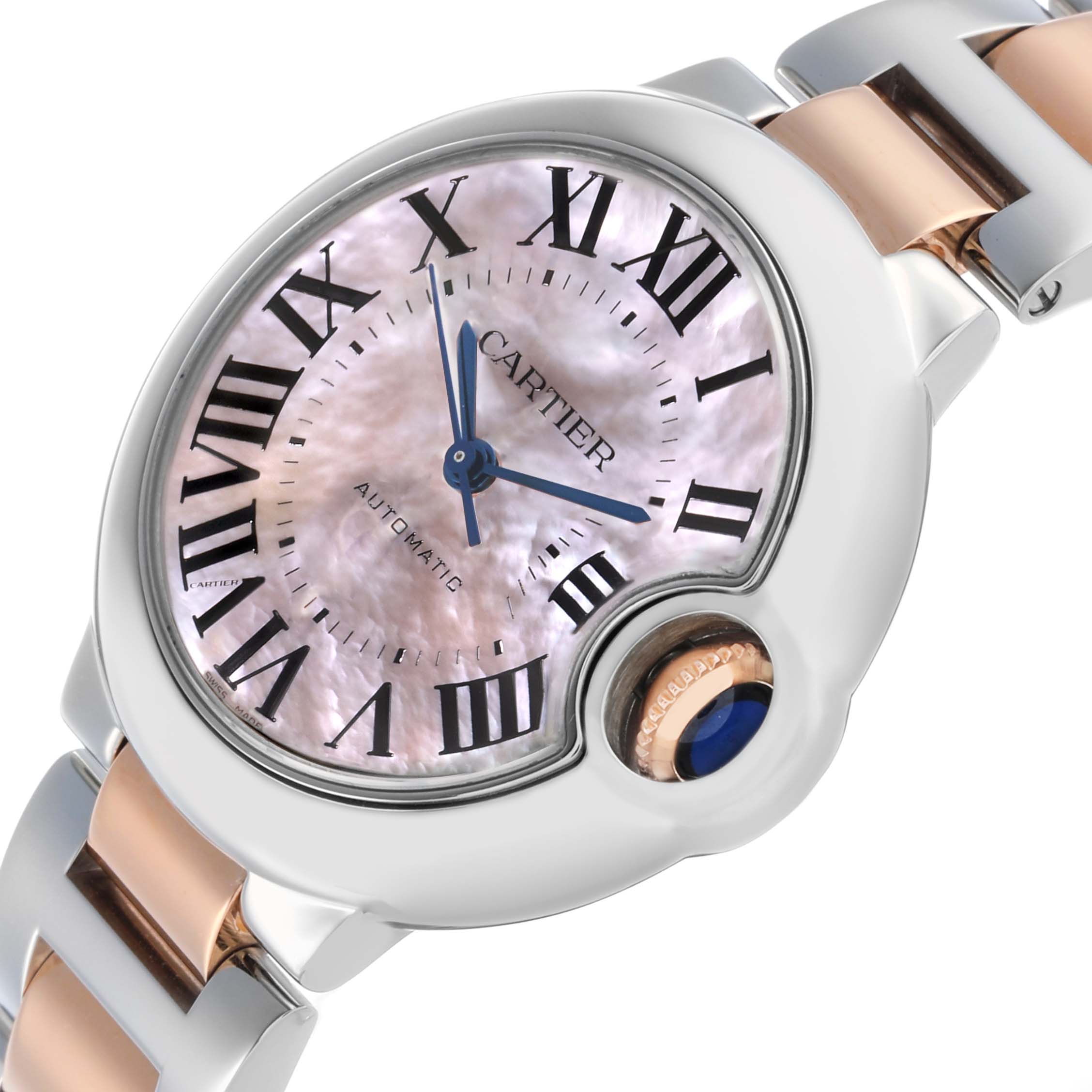 The Cartier Ballon Bleu W6920070 Women's Steel and Gold (two tone) Mother of Pearl Dial watch is shown at a slight angle, highlighting the dial, crown, and part of the bracelet.