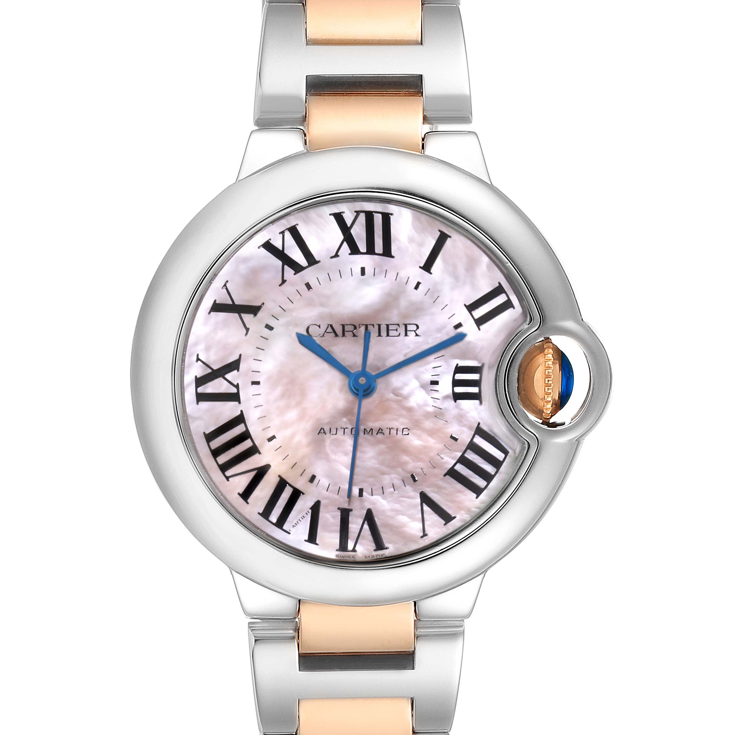 The Cartier Ballon Bleu W6920070 Women's Steel and Gold (two tone) Mother of Pearl Dial watch is shown from a front angle, displaying its dial, Roman numerals, and the signature crown.