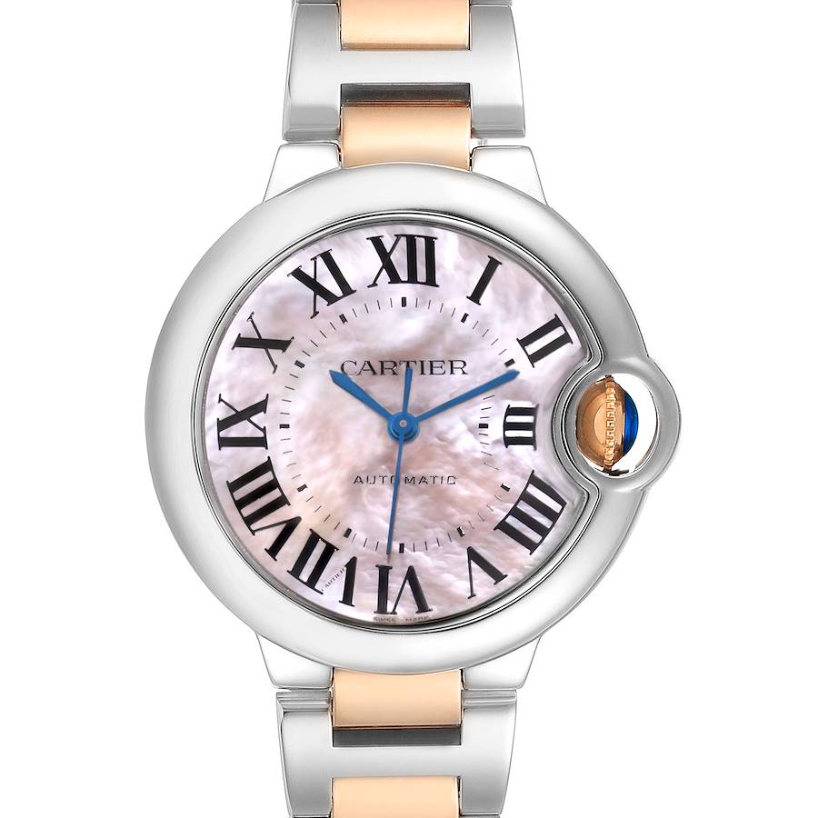 The Cartier Ballon Bleu W6920070 Women's Steel and Gold (two tone) Mother of Pearl Dial watch is shown from a front angle, displaying its dial, Roman numerals, and the signature crown.