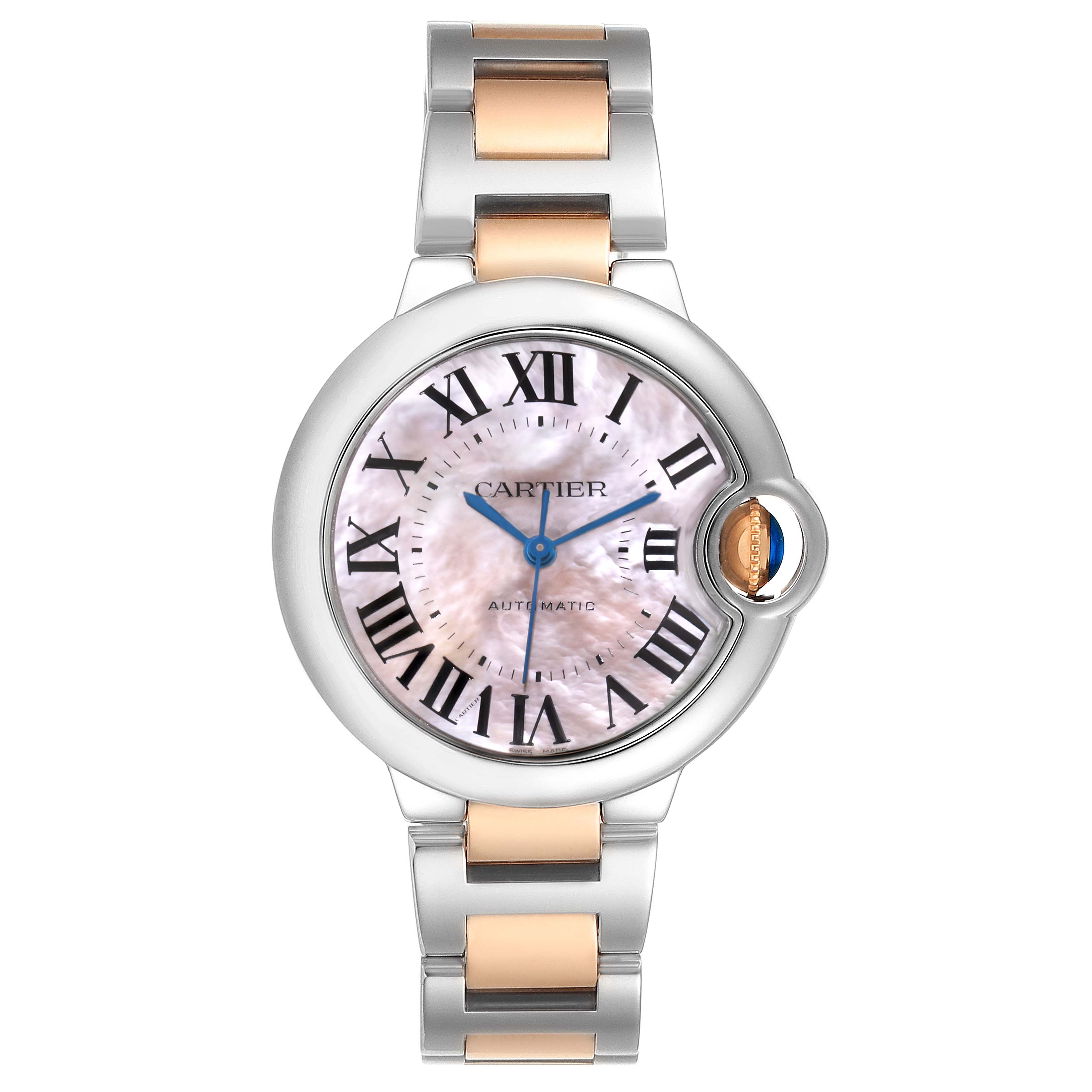 The Cartier Ballon Bleu W6920070 Women's Steel and Gold (two tone) Mother of Pearl Dial watch is shown from the front, detailing the face, Roman numerals, and the bracelet links.