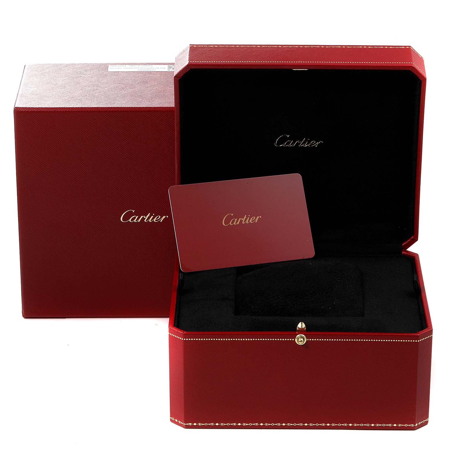 The image shows the open and closed red Cartier box for the Ballon Bleu model, along with a Cartier card.