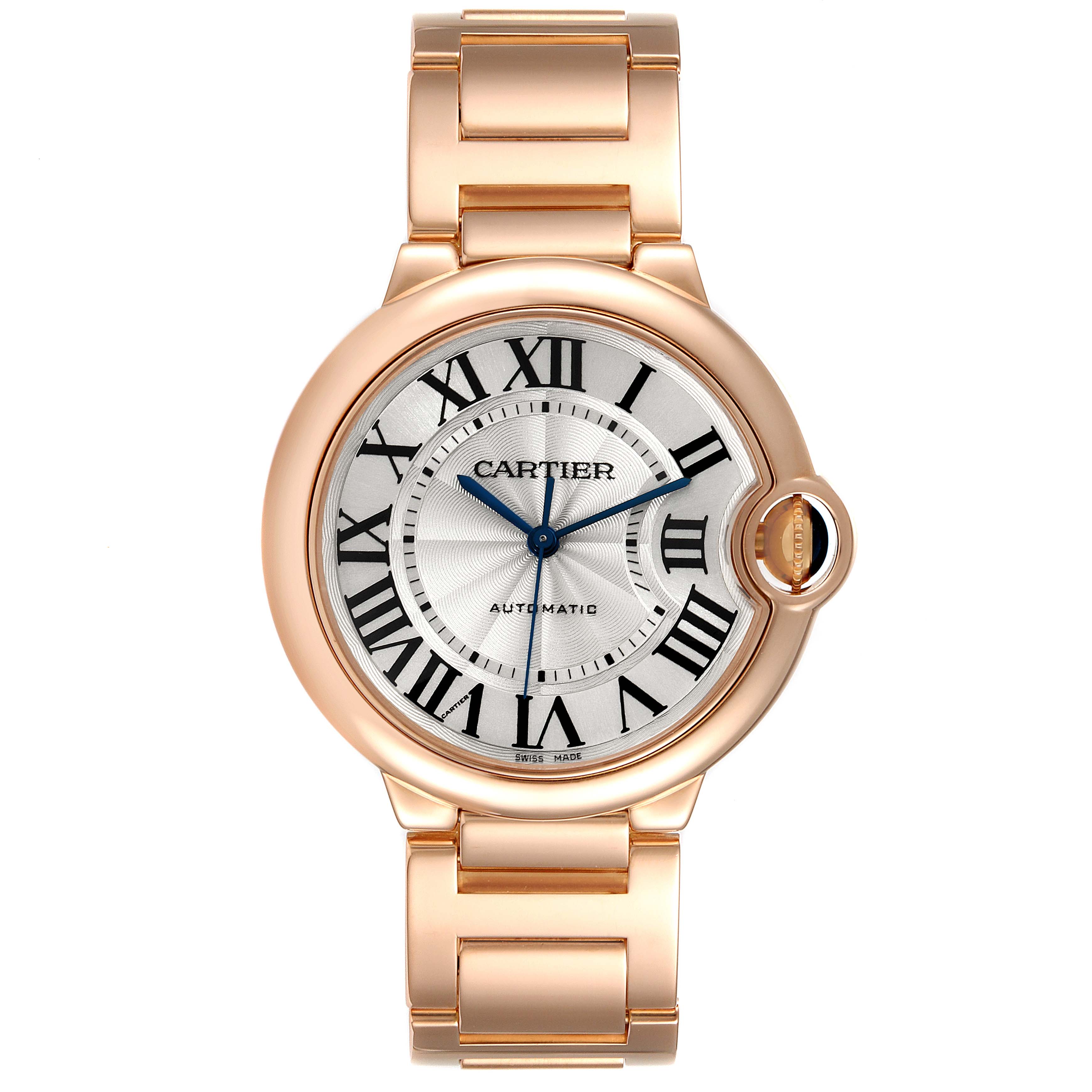 The image shows a front view of a Ballon Bleu watch by Cartier, highlighting the face, band, and crown.