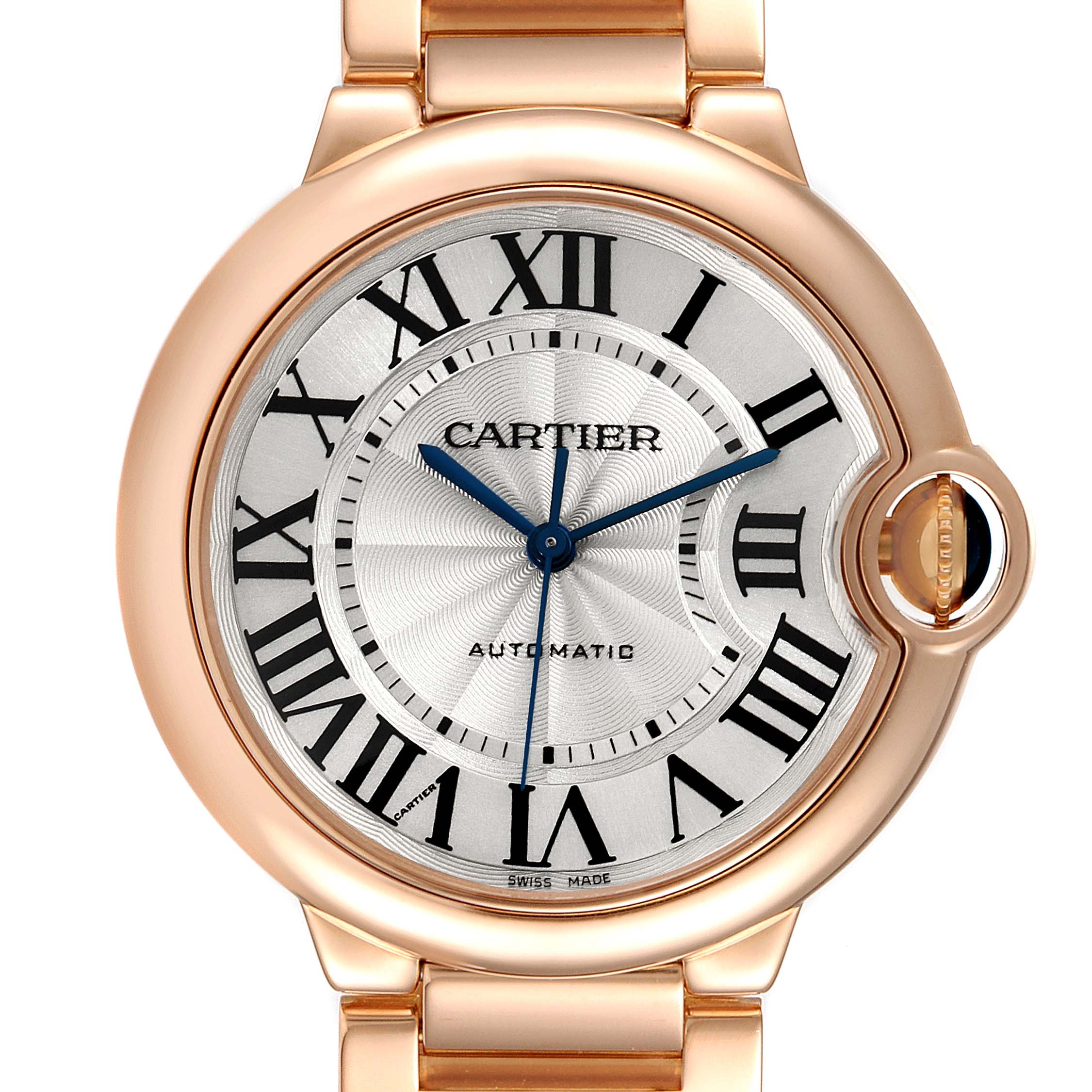 The image shows a front view of a Cartier Ballon Bleu W69004Z2 Men's Rose Gold Silver Dial W69004Z2 Men's Rose Gold Silver Dial watch, highlighting its dial, hour markers, and part of the bracelet.