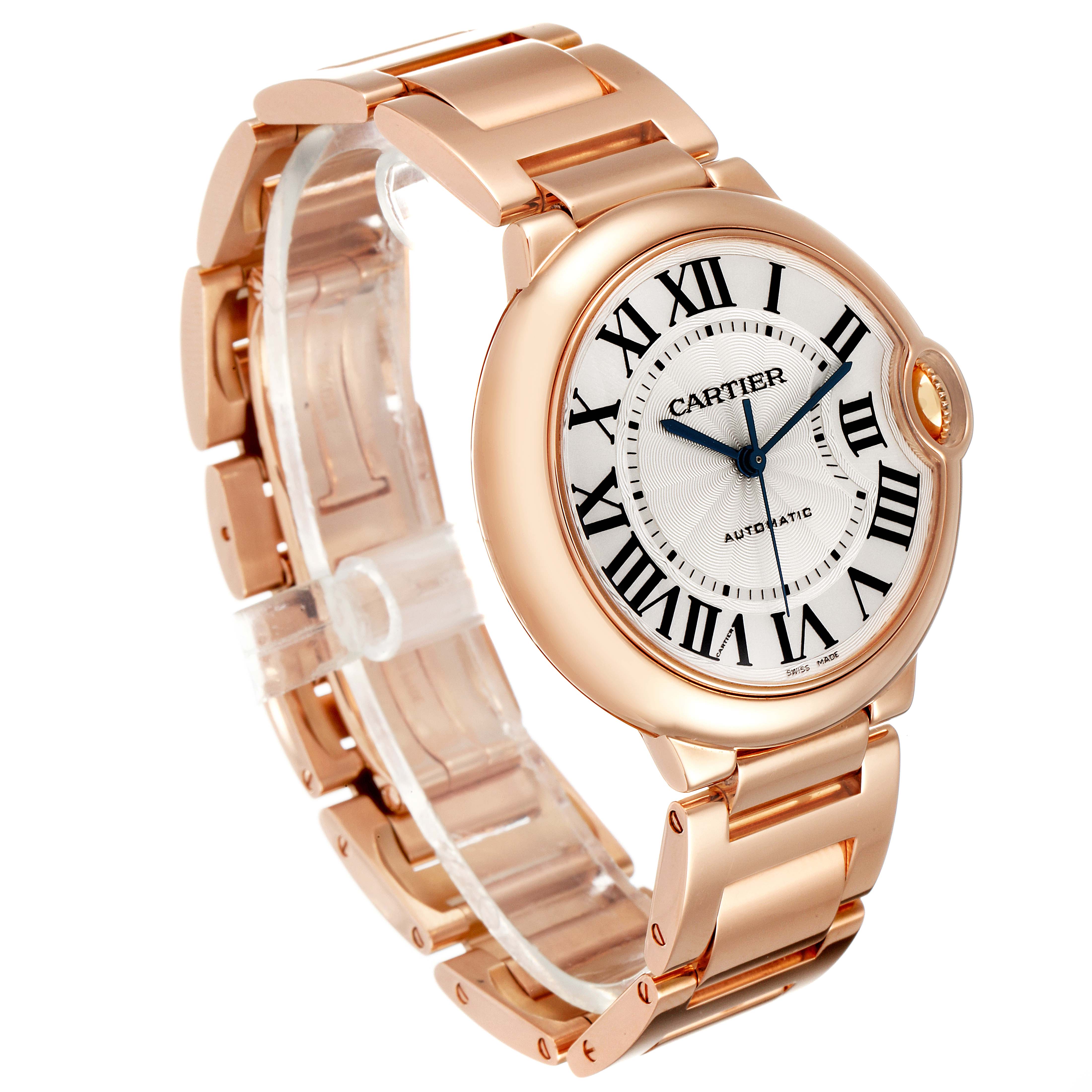 The image shows a Cartier Ballon Bleu W69004Z2 Men's Rose Gold Silver Dial W69004Z2 Men's Rose Gold Silver Dial watch at a three-quarter angle, focusing on its face and bracelet.