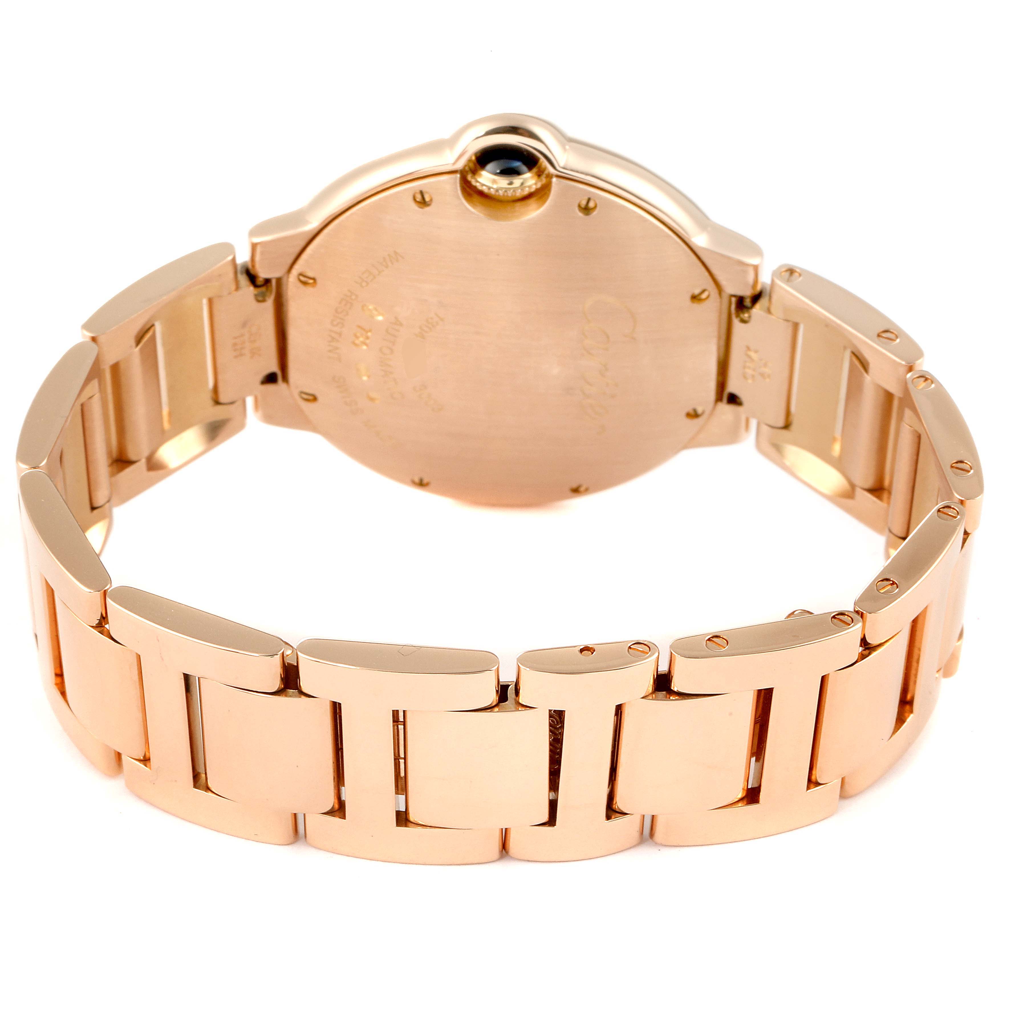 This image shows the back case and bracelet of a Cartier Ballon Bleu W69004Z2 Men's Rose Gold Silver Dial W69004Z2 Men's Rose Gold Silver Dial watch, viewed from the rear.