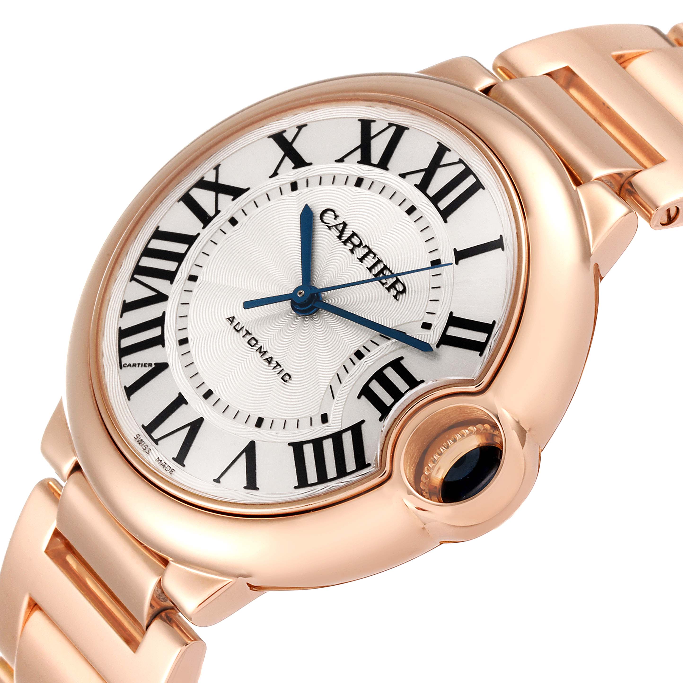 The image shows a close-up angled view of a Cartier Ballon Bleu W69004Z2 Men's Rose Gold Silver Dial W69004Z2 Men's Rose Gold Silver Dial watch, highlighting its dial, roman numerals, and crown.
