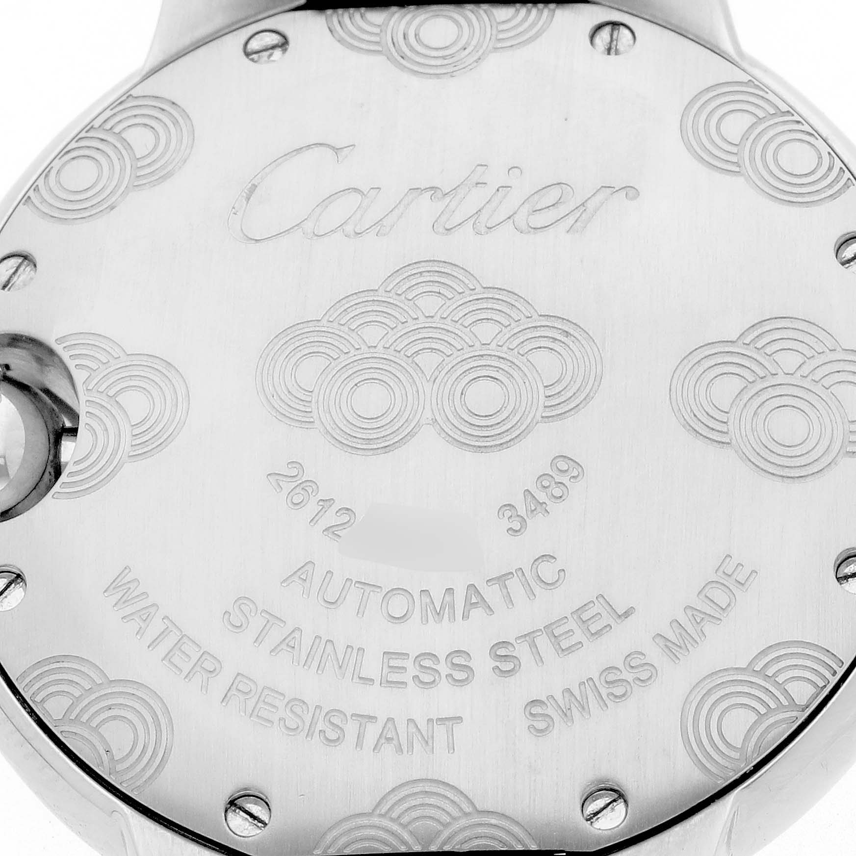 The image shows the back of a Cartier Ballon Bleu W4BB0027 Women's Stainless Steel Silver Dial watch, featuring engraved details and decorative patterns.