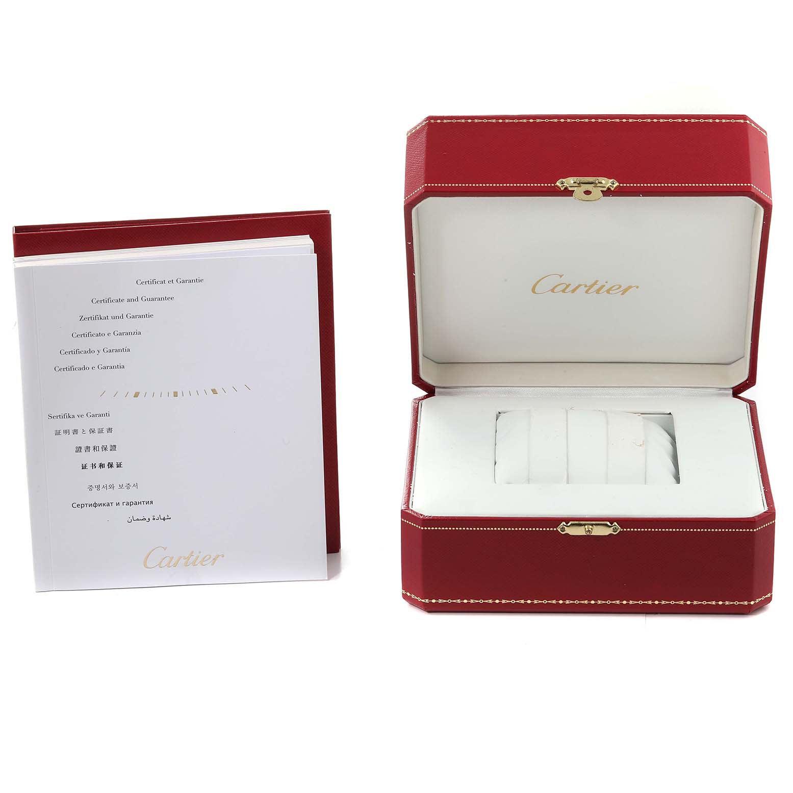 The image shows a red Cartier watch box and a warranty booklet for the Ballon Bleu model.