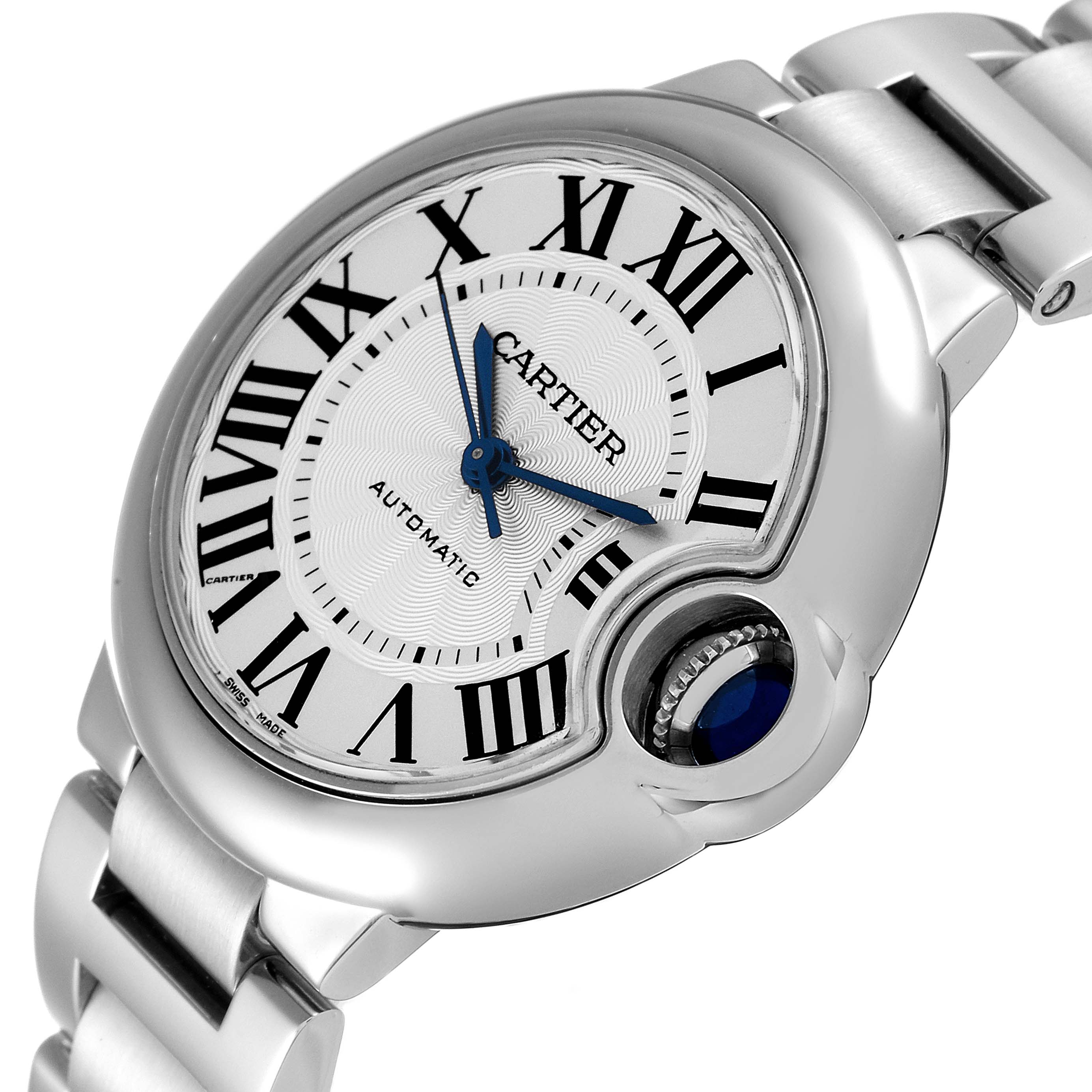 The image shows an angled view of the Cartier Ballon Bleu W6920071 Women's Stainless Steel Silver Dial W6920071 Women's Stainless Steel Silver Dial watch, highlighting its face, Roman numerals, hands, crown, and part of the bracelet.