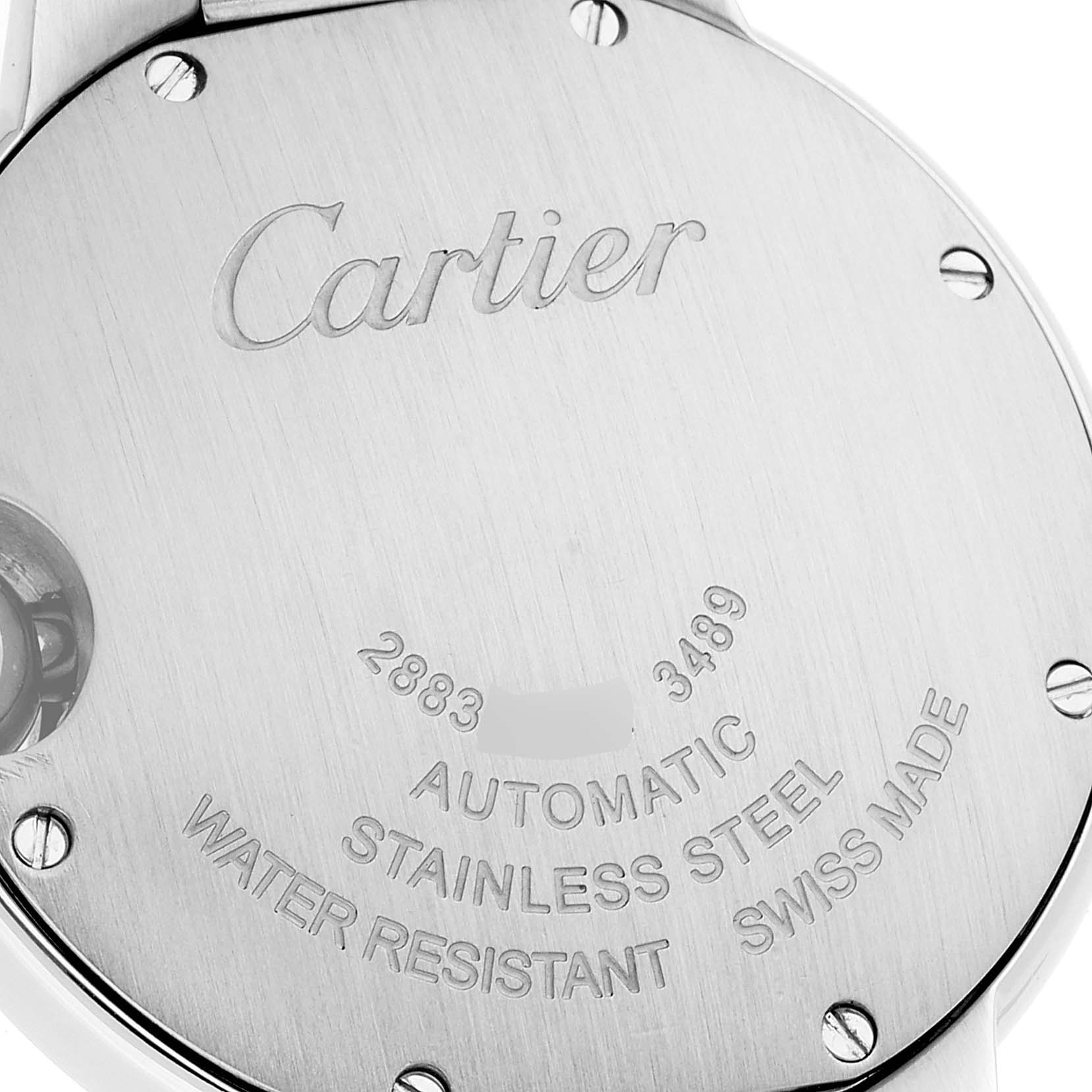 The image shows the back case of a Cartier Ballon Bleu W6920071 Women's Stainless Steel Silver Dial W6920071 Women's Stainless Steel Silver Dial watch from a close-up angle.