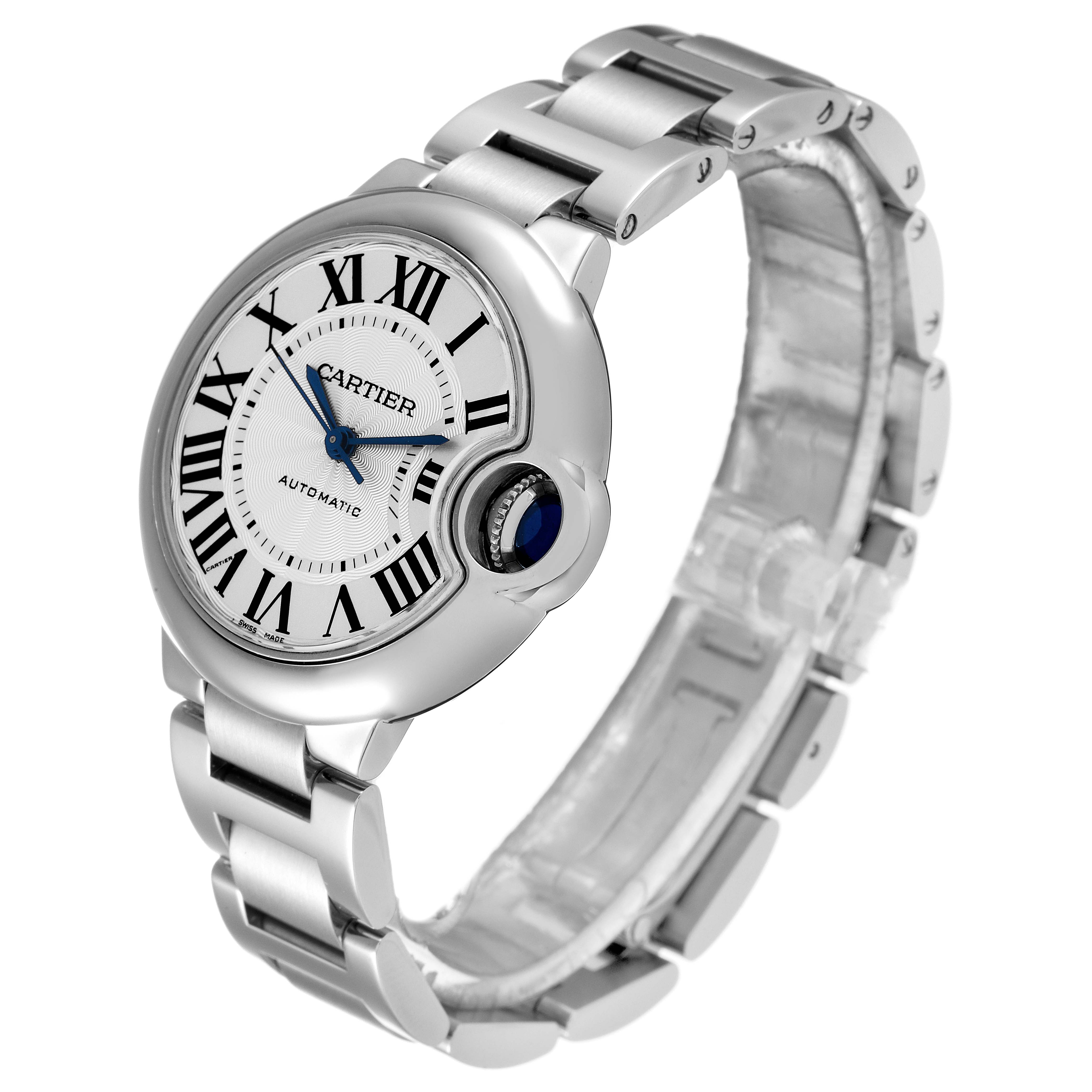 The image shows a Ballon Bleu de Cartier watch from a front left angle, highlighting the face and metal bracelet.