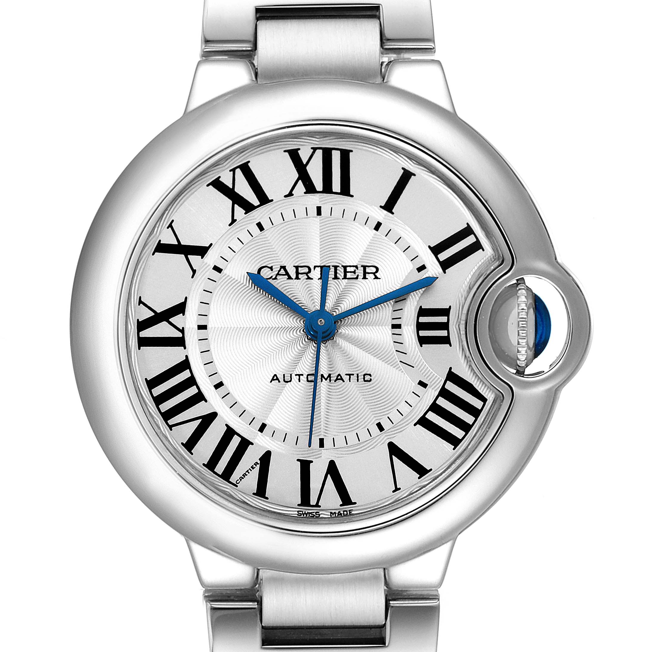Front view of the Cartier Ballon Bleu W6920071 Women's Stainless Steel Silver Dial W6920071 Women's Stainless Steel Silver Dial watch showing the dial, hands, Roman numerals, and crown with blue cabochon.