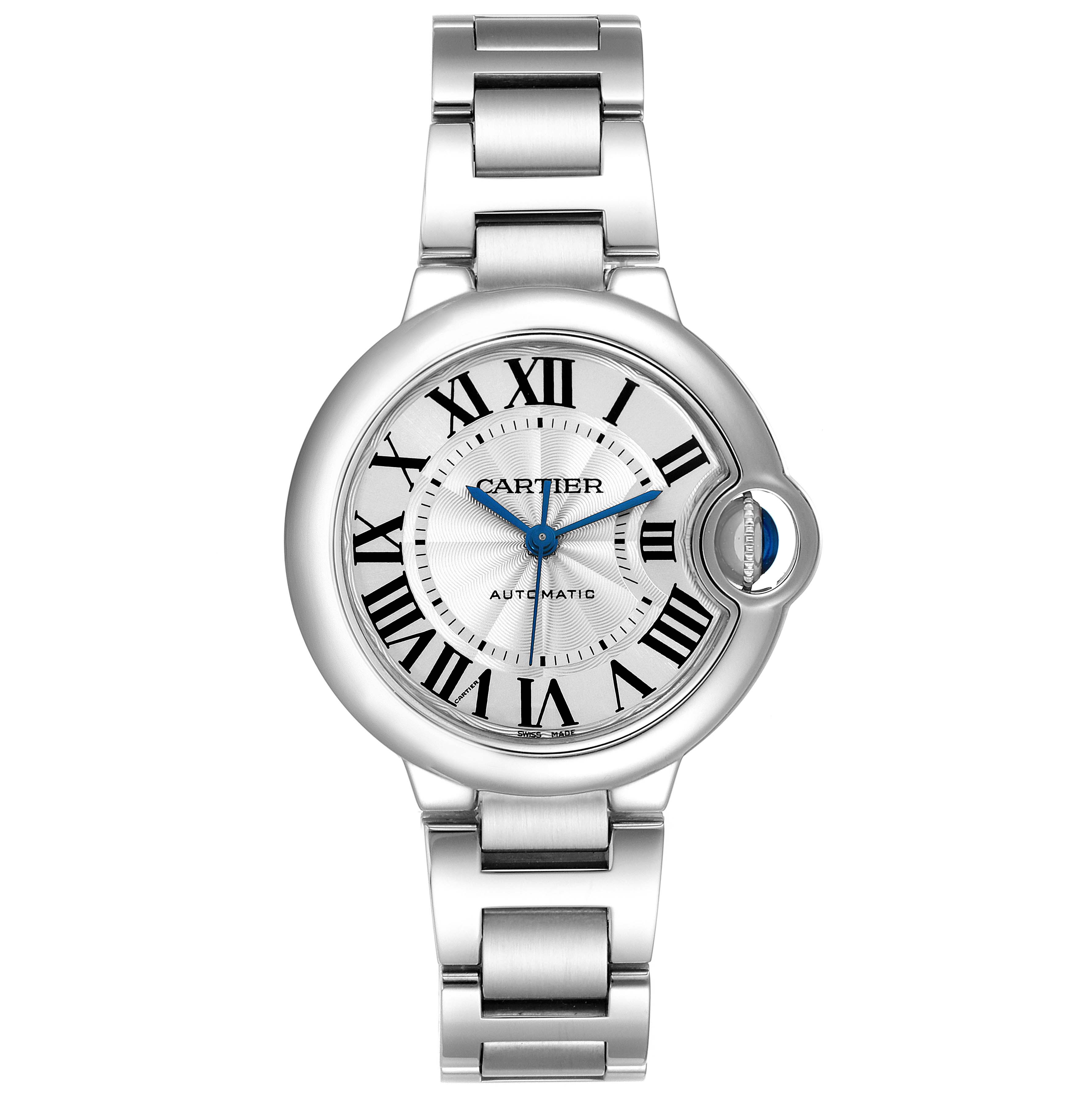 The image shows a front view of the Ballon Bleu watch by Cartier, displaying the watch face and part of the bracelet.