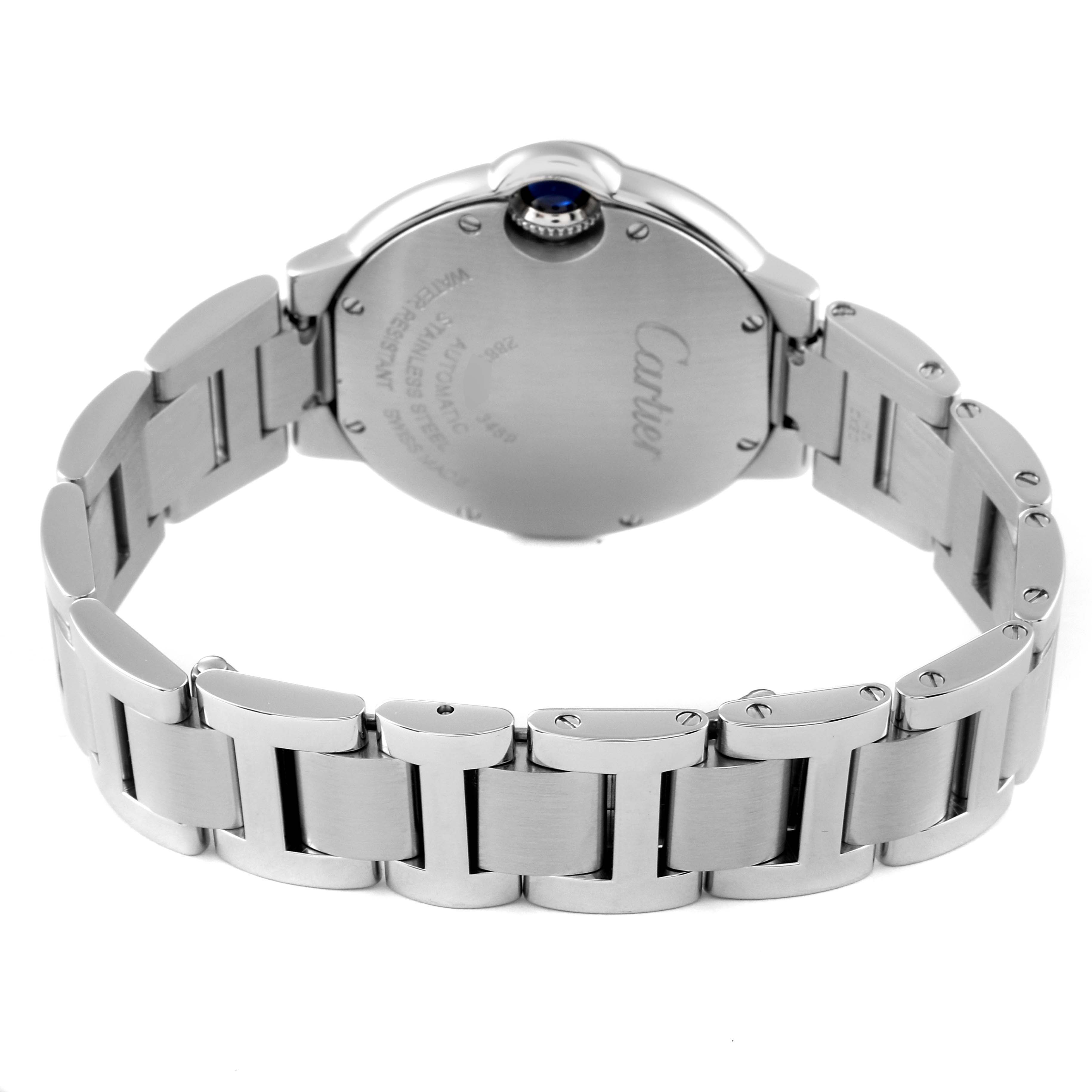 The image shows the back view of a Cartier Ballon Bleu W6920071 Women's Stainless Steel Silver Dial W6920071 Women's Stainless Steel Silver Dial watch, emphasizing the case back and stainless steel bracelet.