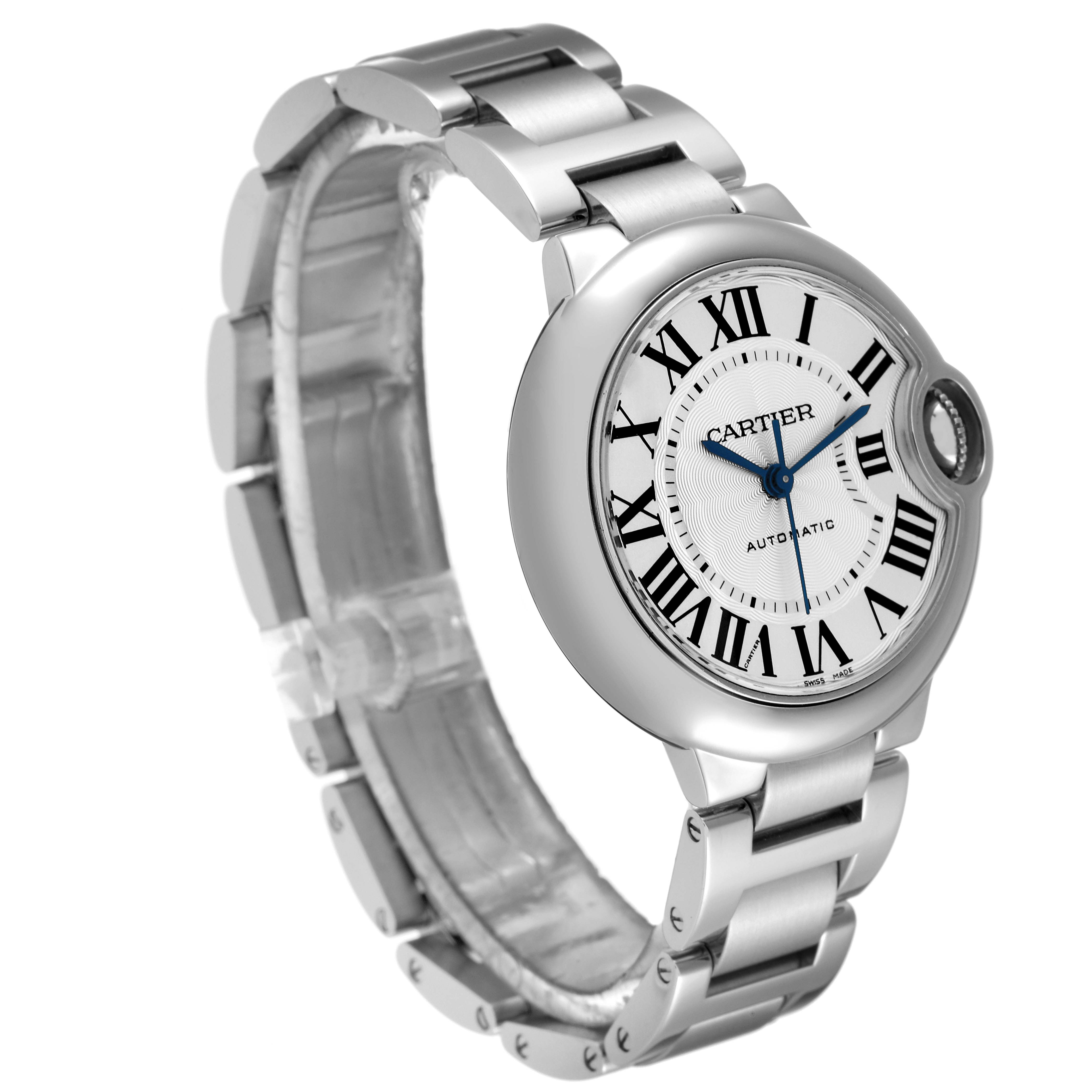 The image shows a Cartier Ballon Bleu W6920071 Women's Stainless Steel Silver Dial W6920071 Women's Stainless Steel Silver Dial watch at a three-quarter angle, focusing on the face, bracelet, and side profile.
