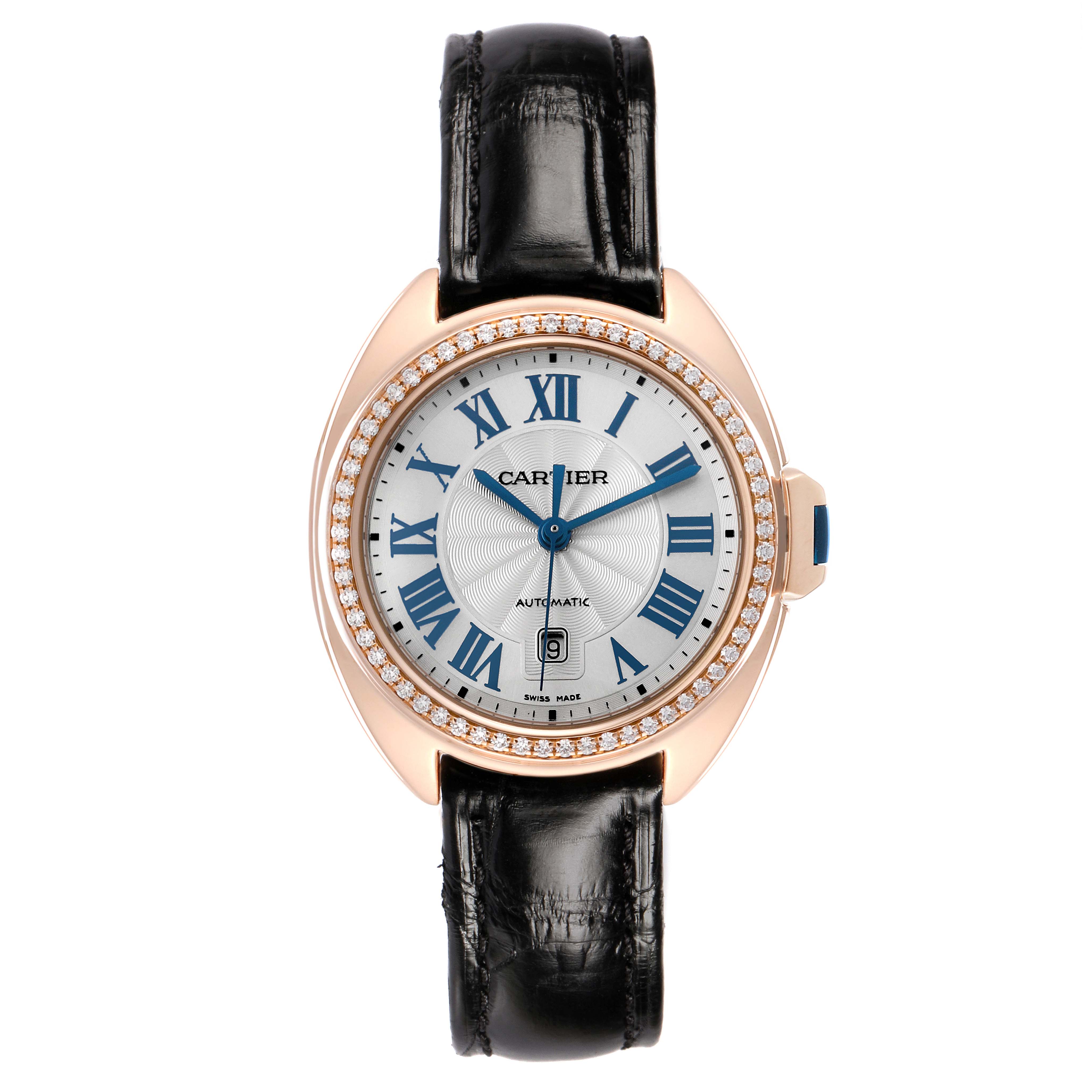 This image shows a Cartier Clé watch from a top-down angle, highlighting the dial, bezel, and leather strap.