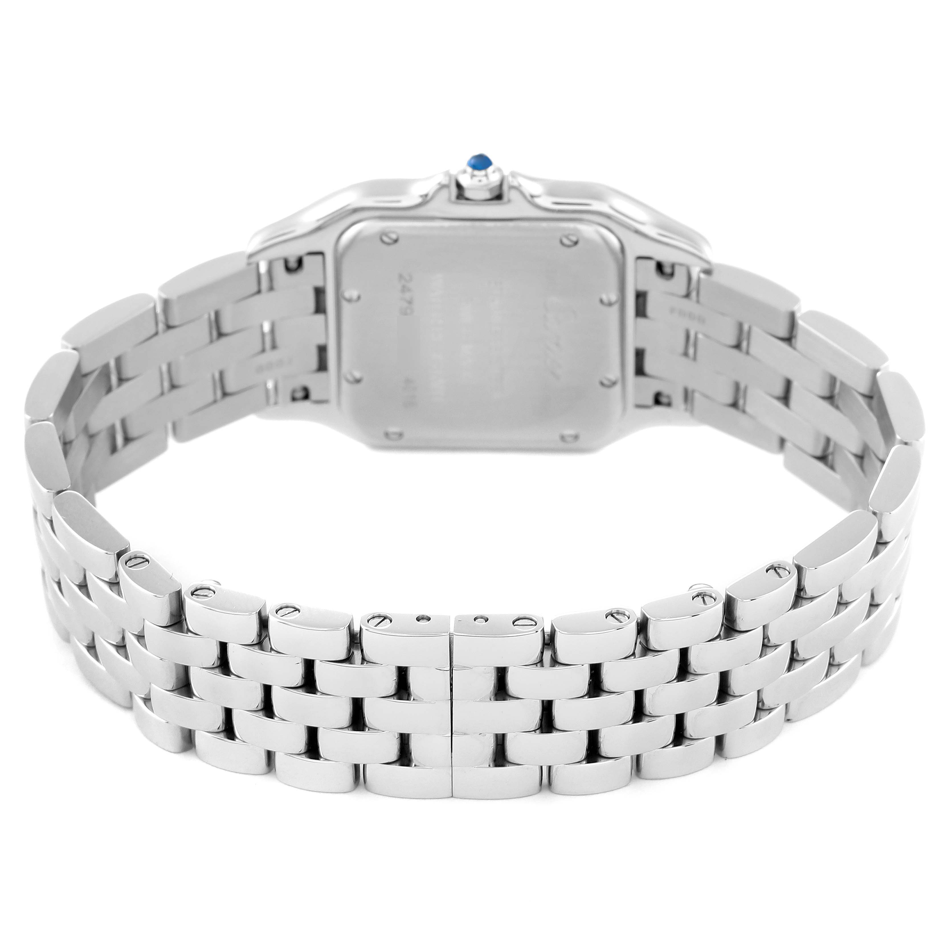 The image shows the back view of the Cartier Panthere W4PN0008 Women's Stainless Steel Silver Dial W4PN0008 Women's Stainless Steel Silver Dial model watch, highlighting its bracelet, clasp, and case back.