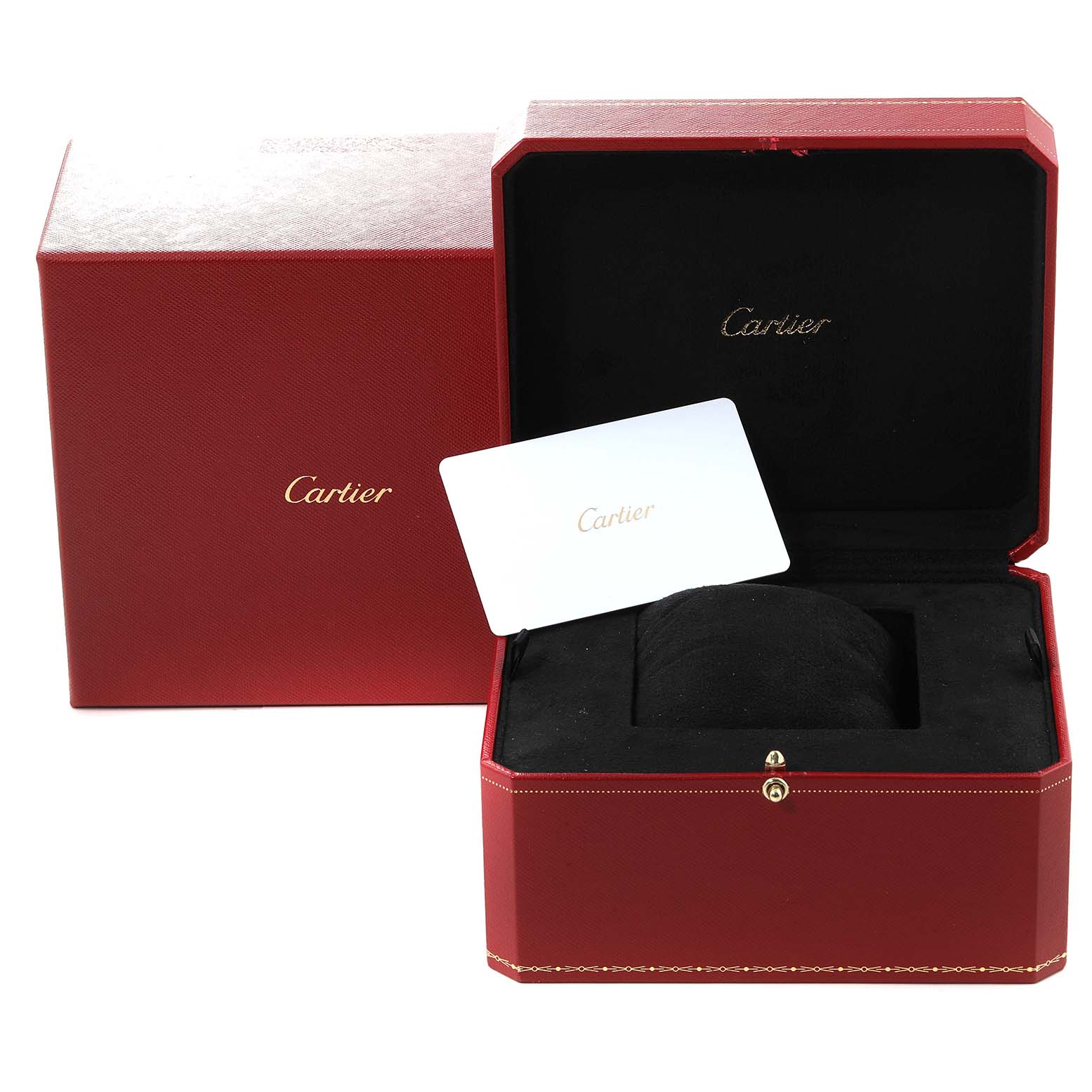 The image shows the open jewelry box and card for a Cartier Panthere W4PN0008 Women's Stainless Steel Silver Dial W4PN0008 Women's Stainless Steel Silver Dial watch, revealing its luxurious packaging.