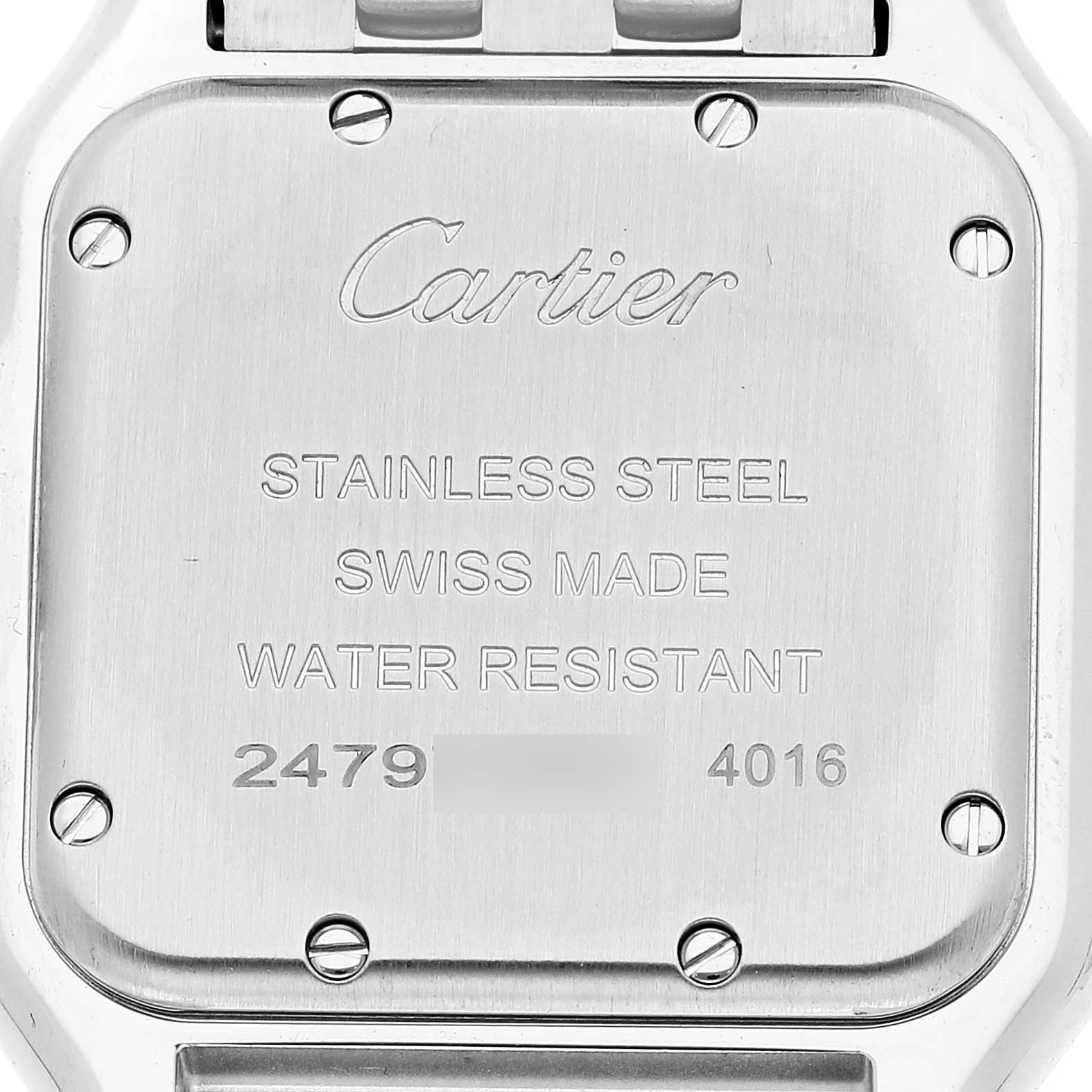 The image shows the back case of a Panthere model by Cartier, highlighting its stainless steel construction and engraving.