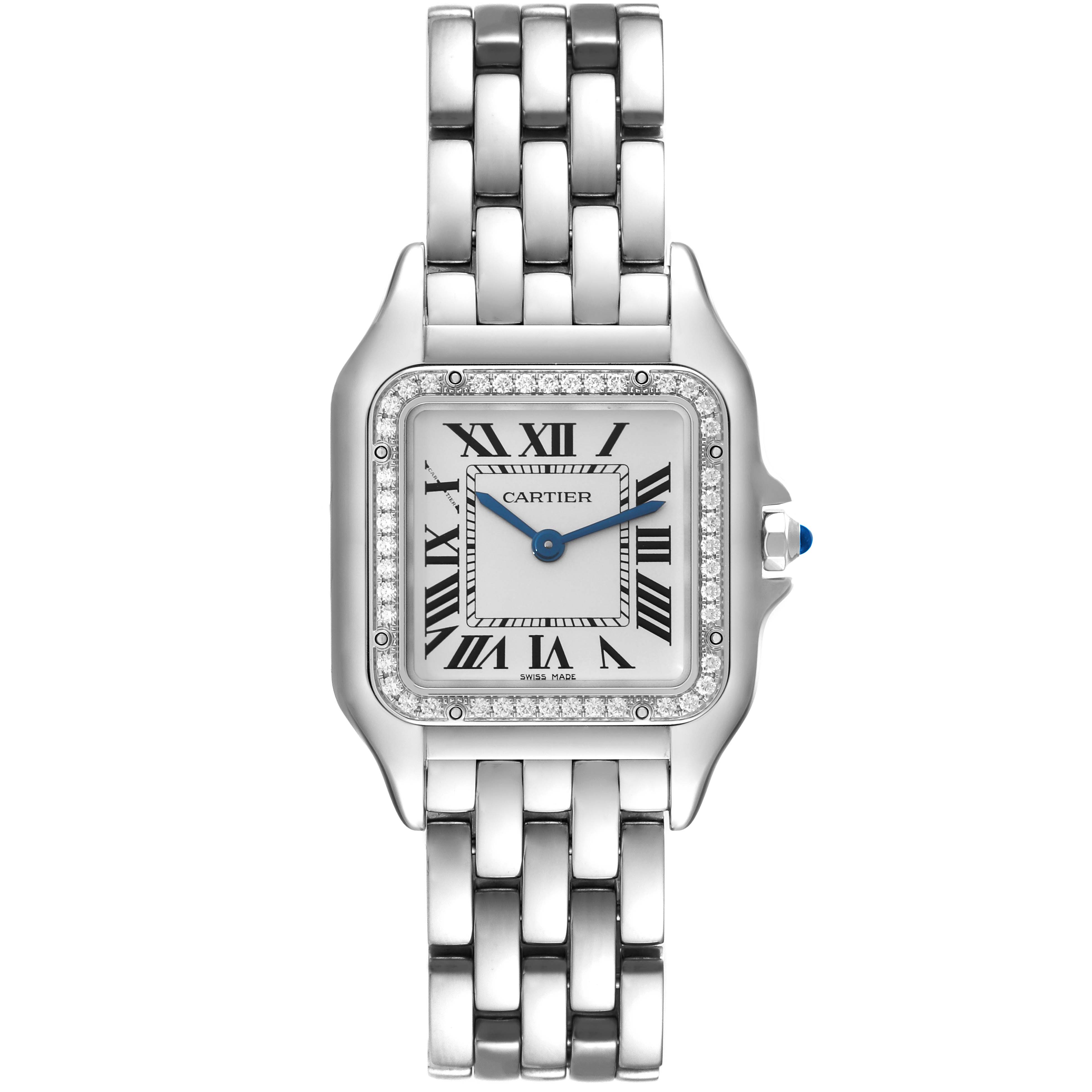 The image shows a front view of a Cartier Panthere W4PN0008 Women's Stainless Steel Silver Dial W4PN0008 Women's Stainless Steel Silver Dial watch, displaying its face, bracelet, and detailing.