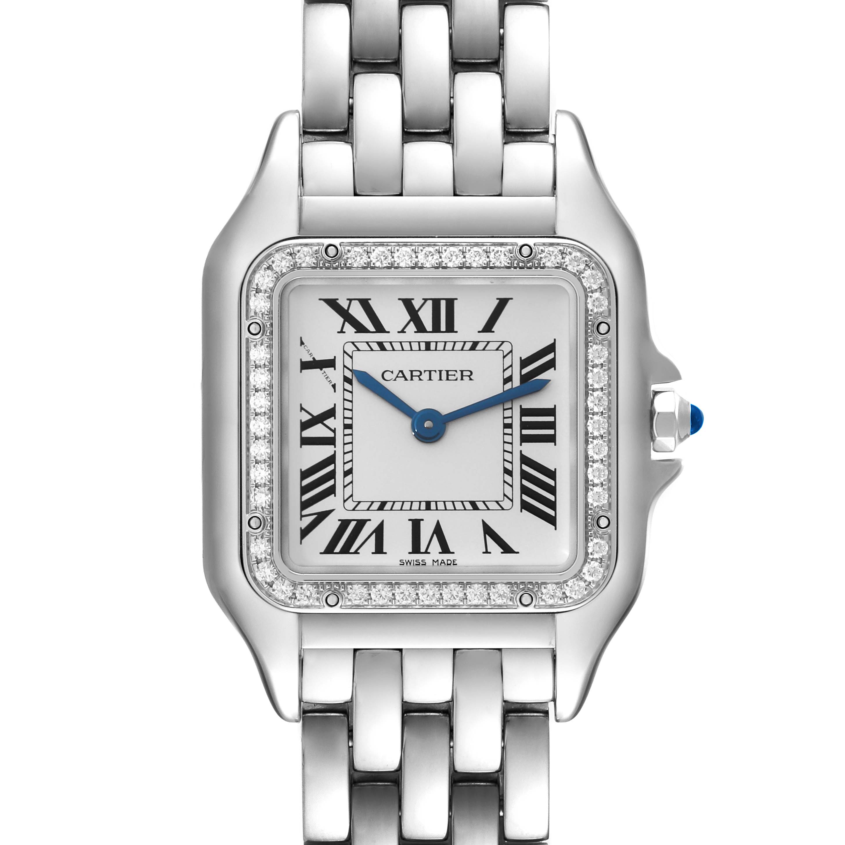 This image shows a front view of the Panthere model by Cartier, highlighting its face, bezel, and part of the bracelet.