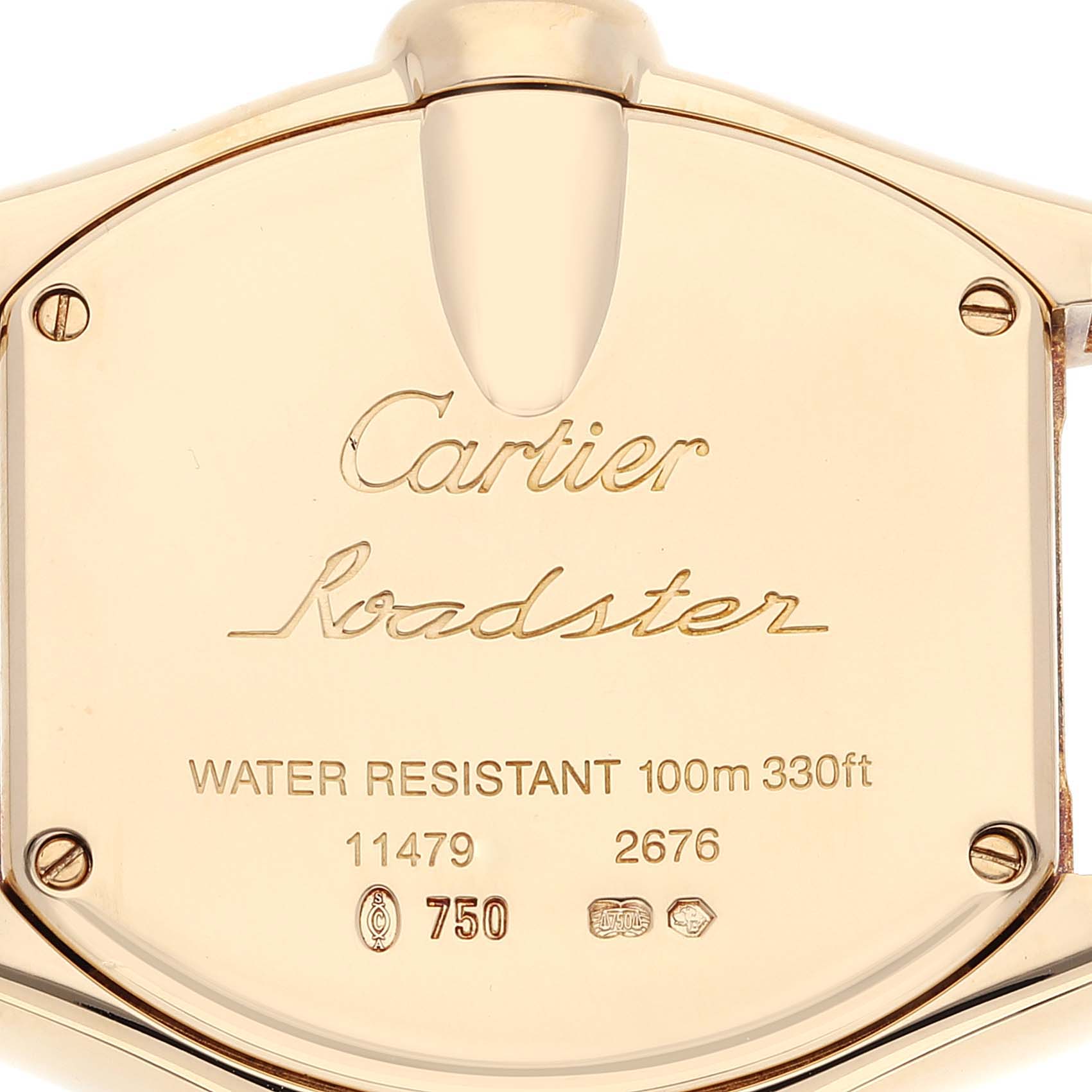 The image shows the back casing of a Cartier Roadster WE500160 Women's Yellow Gold Silver Dial WE500160 Women's Yellow Gold Silver Dial watch, highlighting engravings and water resistance details.