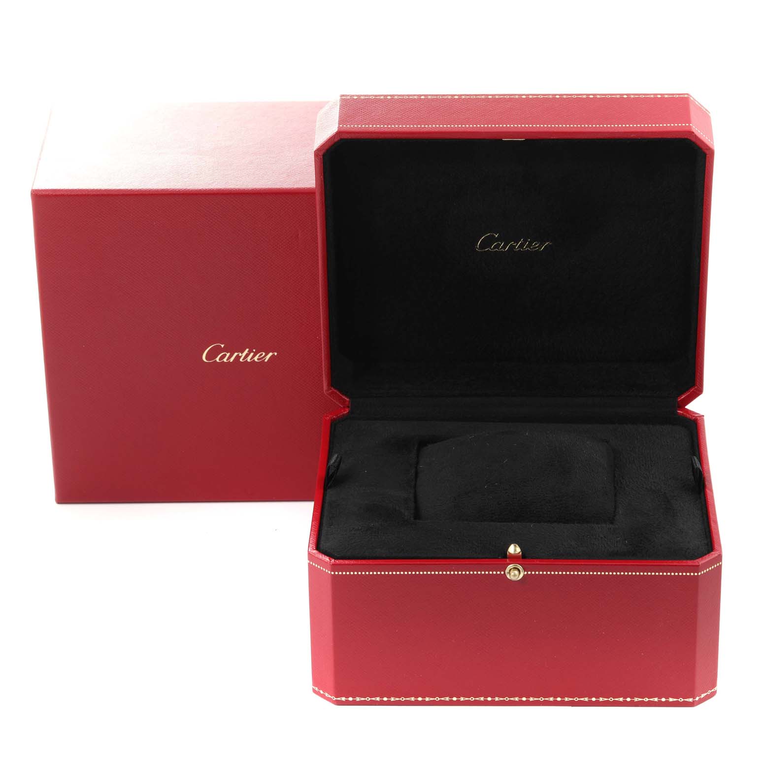 The image shows an open red Cartier watch box and its outer box for the Roadster model.