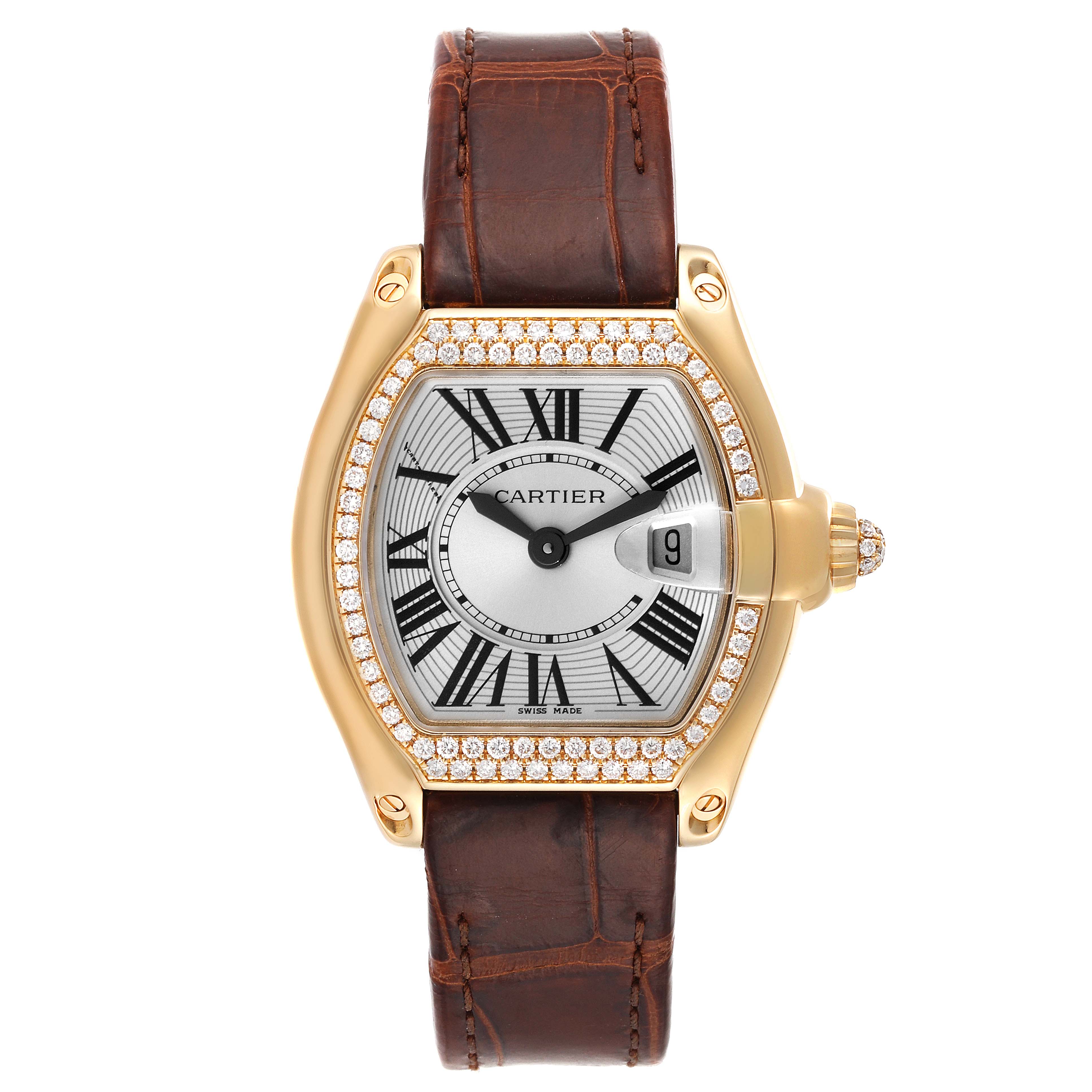The Cartier Roadster WE500160 Women's Yellow Gold Silver Dial WE500160 Women's Yellow Gold Silver Dial watch is shown from a front angle, highlighting its face, bezel, and brown leather strap.